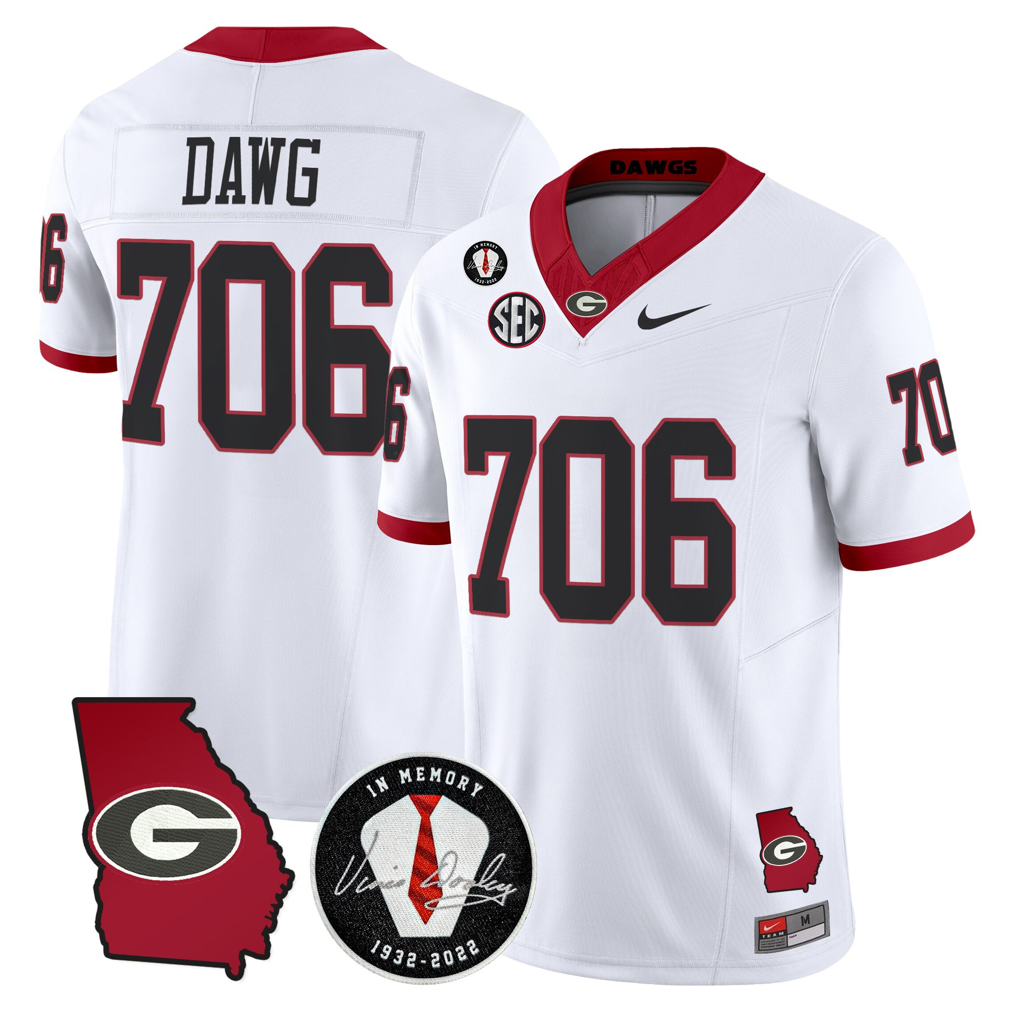 Dawg 706 Men's Georgia Bulldogs 2025 Georgia Map & Vince Dooley Patch Vapor Limited White Jersey - All Stitched