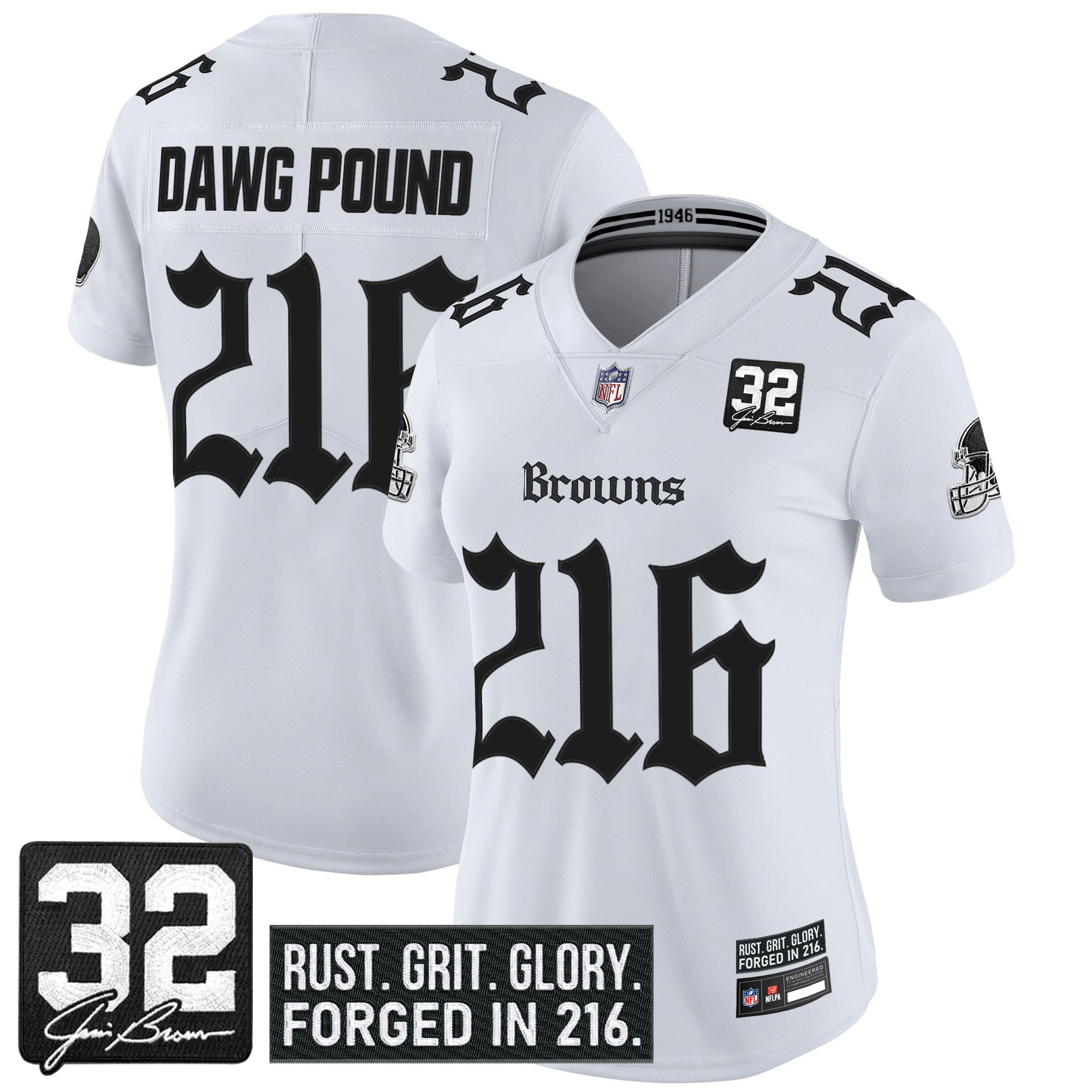 Dawg Pound 216 Women's Cleveland Browns Gothic Dawg Shadows Drop Vapor Limited White Jersey - All Stitched