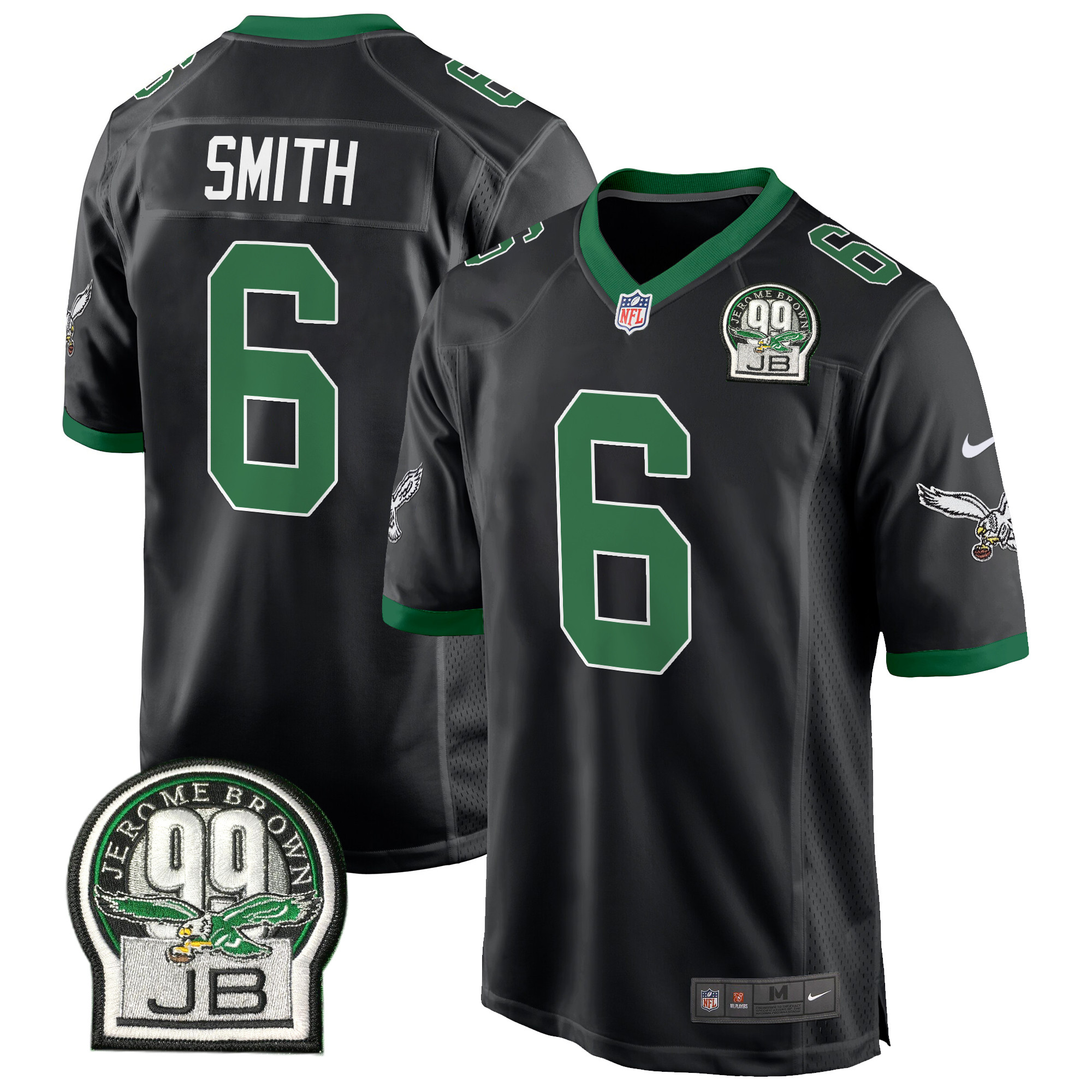 DeVonta Smith Men's Philadelphia Eagles Jerome Brown Patch Kelly Green Game Black Jersey - All Stitched