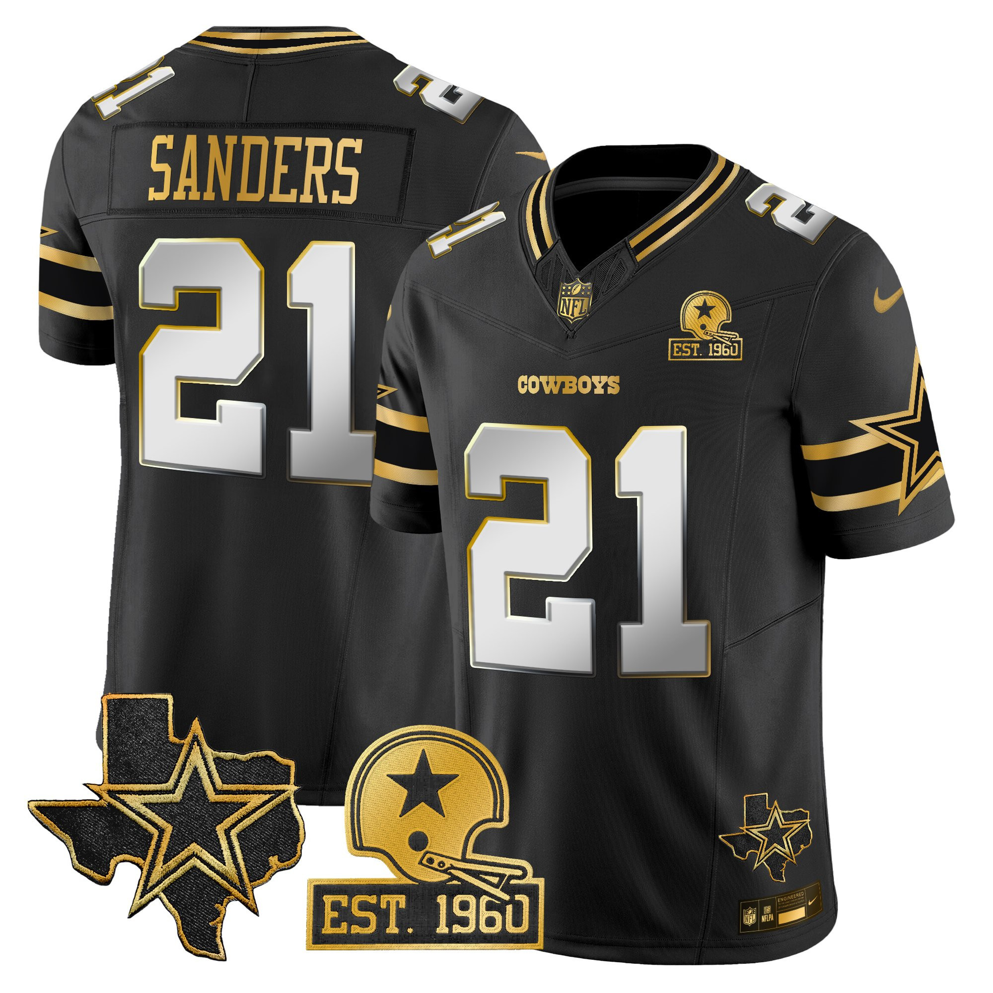 Deion Sanders Men's Dallas Cowboys Est. 1960 & Texas Patch Gold Vapor Limited Black Limited Jersey - All Stitched