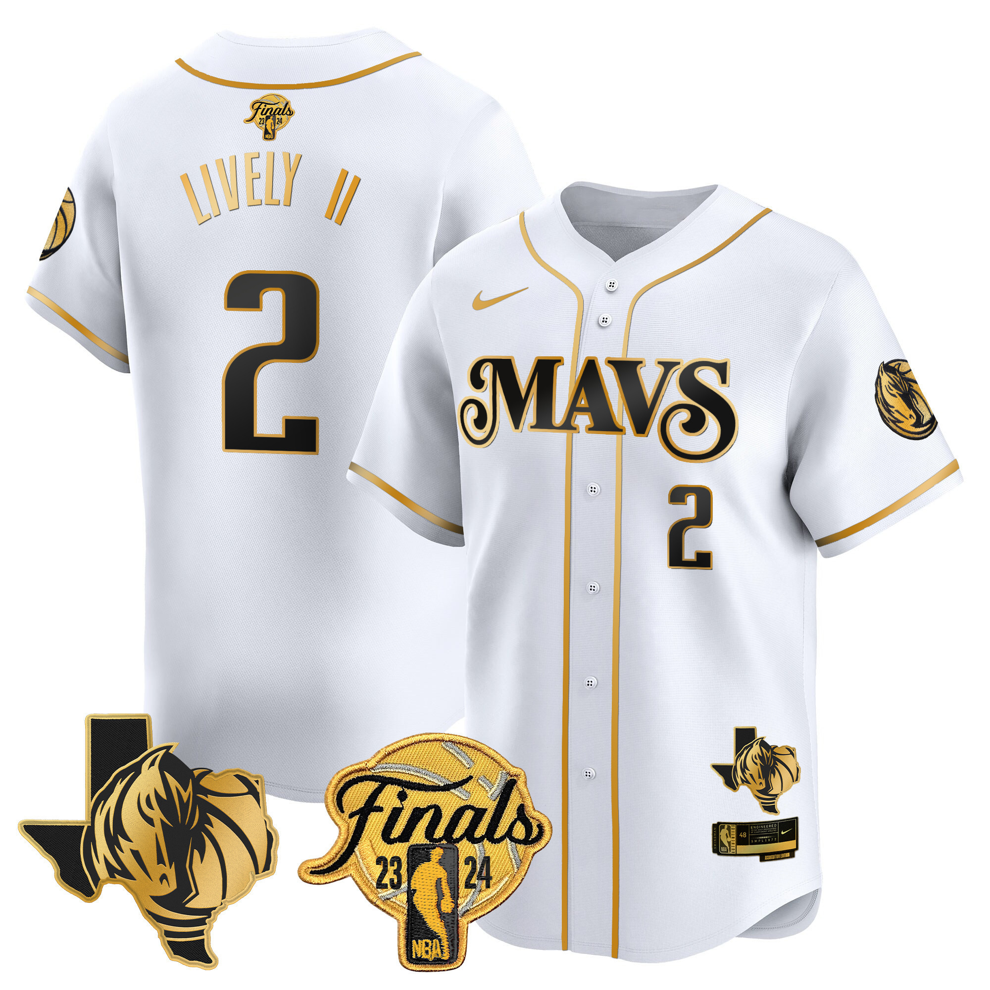 Dereck Lively II Men's Dallas Mavericks 2024 Finals & Texas Patch Baseball White Gold Jersey - All Stitched