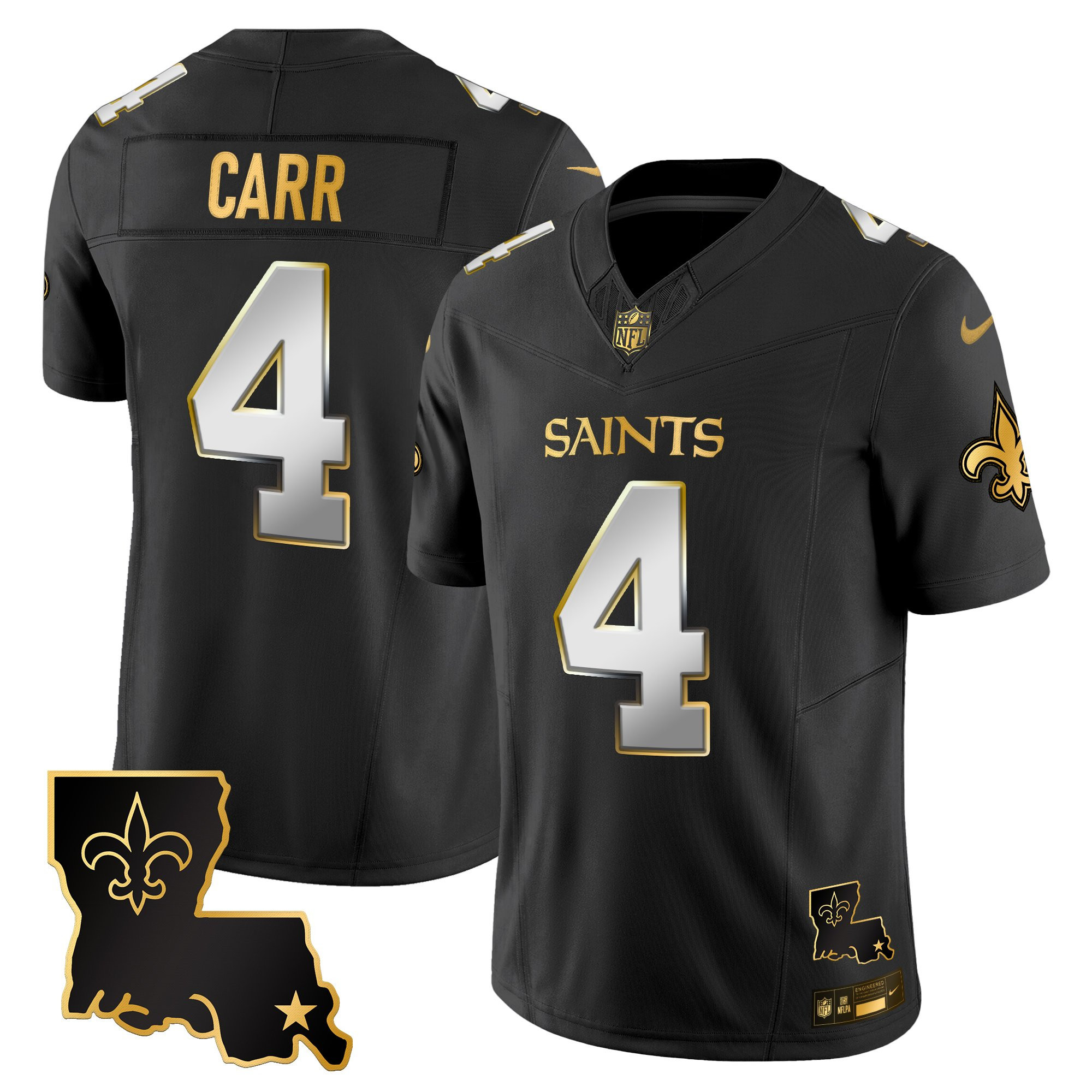 Derek Carr Men's New Orleans Saints 2025 Gold Vapor Limited Black Limited Jersey - All Stitched