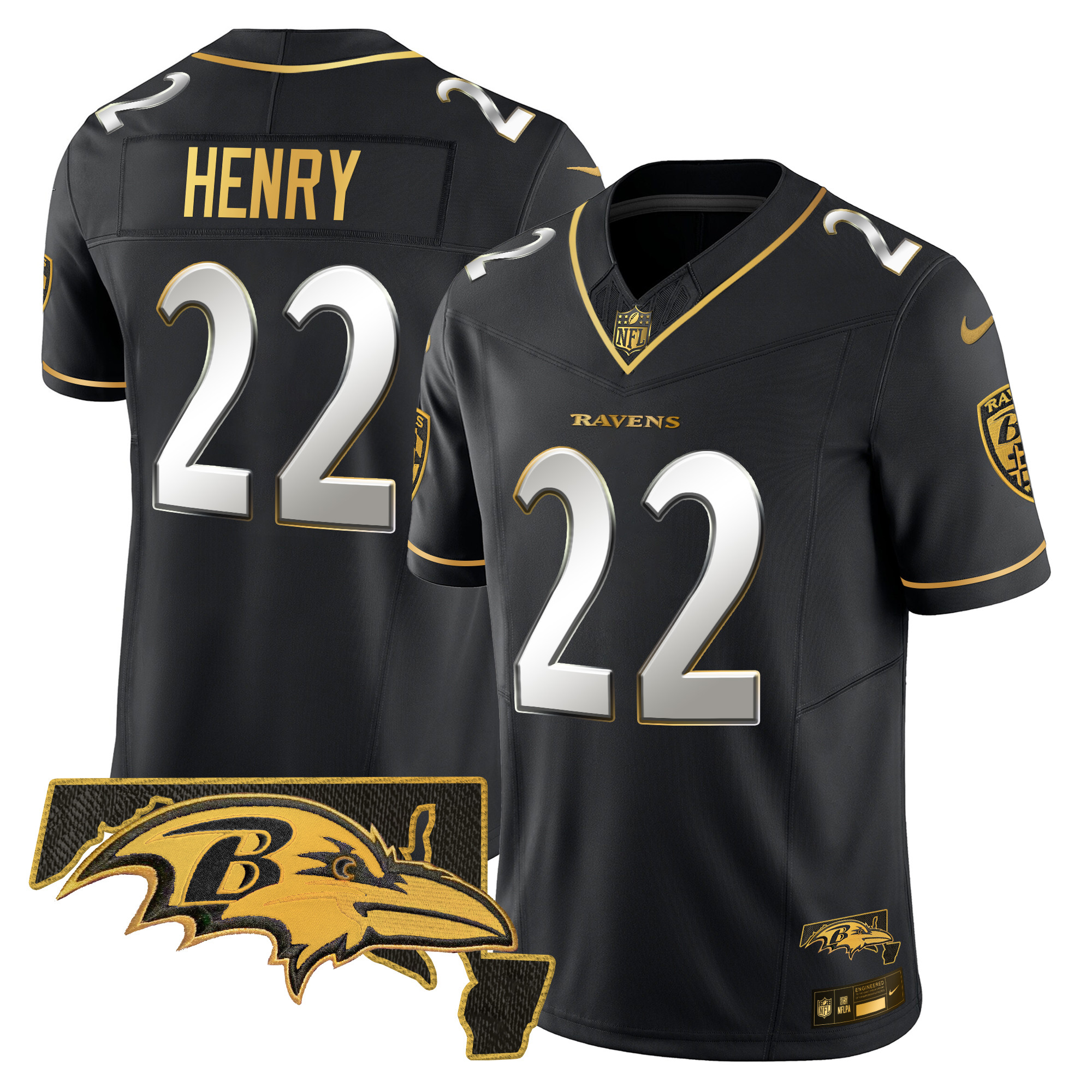 Derrick Henry Men's Baltimore Ravens 2024 Gold Vapor Limited Black Limited Jersey - All Stitched