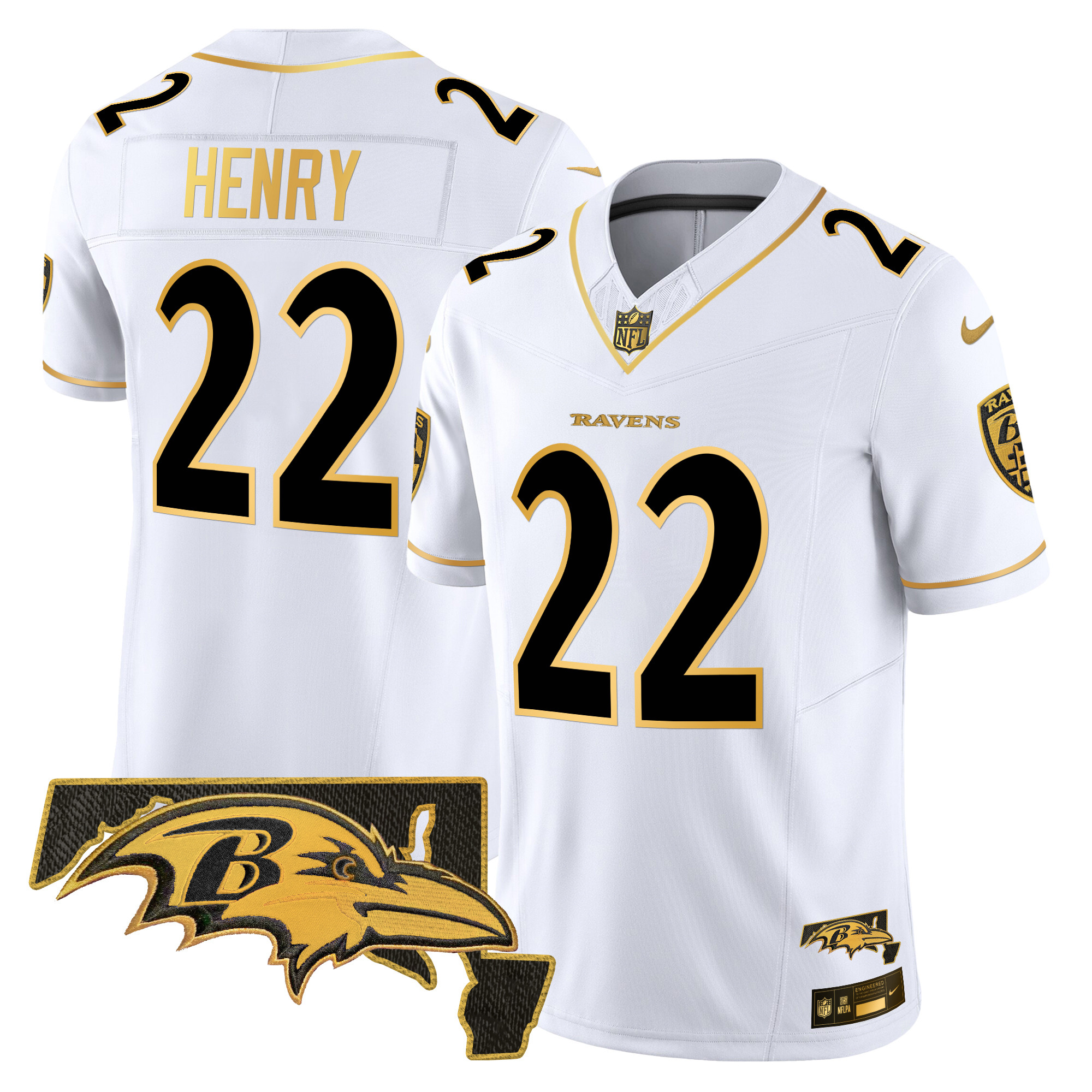Derrick Henry Men's Baltimore Ravens 2024 Gold Vapor Limited White Gold Jersey - All Stitched