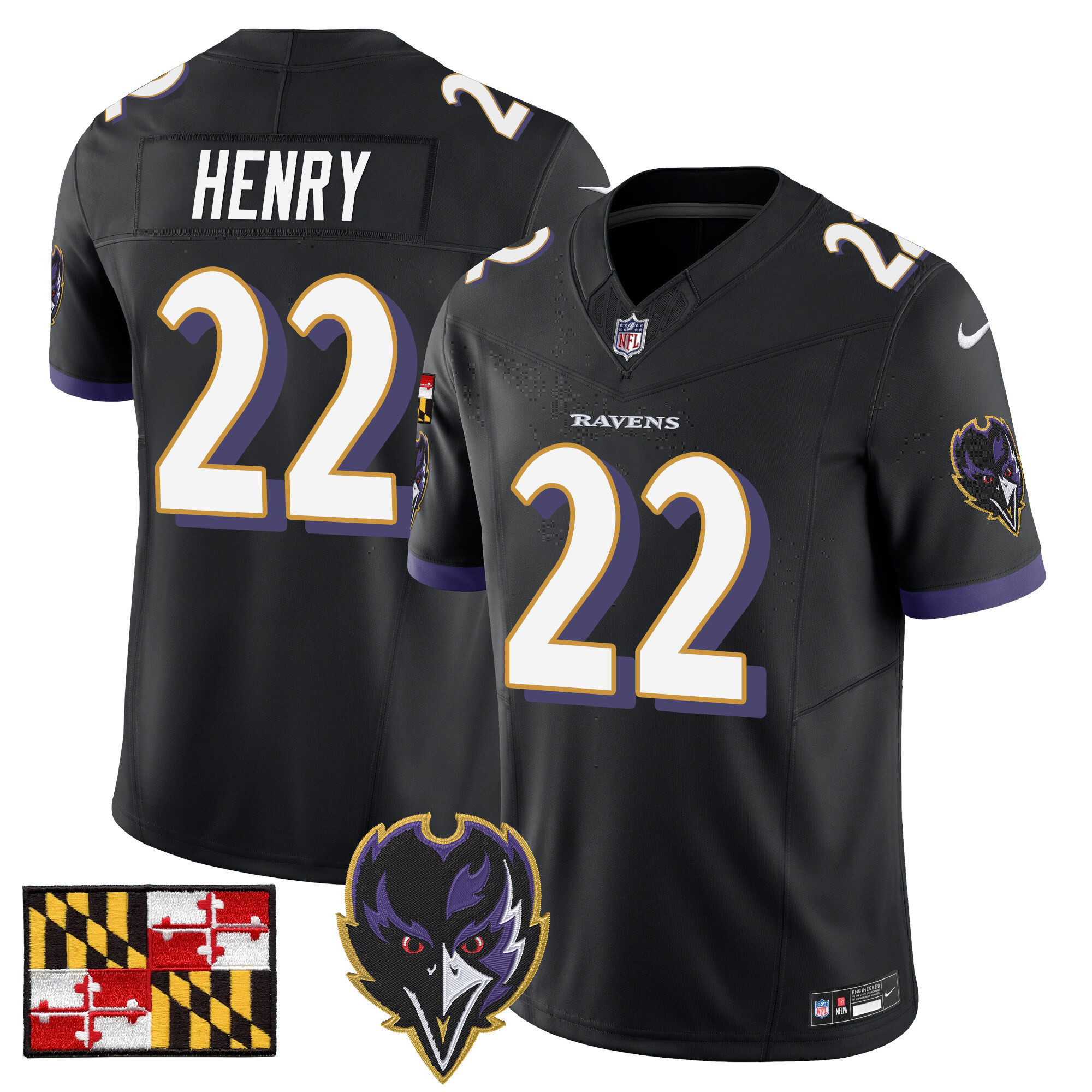 Derrick Henry Men's Baltimore Ravens 2024 Maryland Flag Vapor Limited Black Jersey V2 - All Stitched