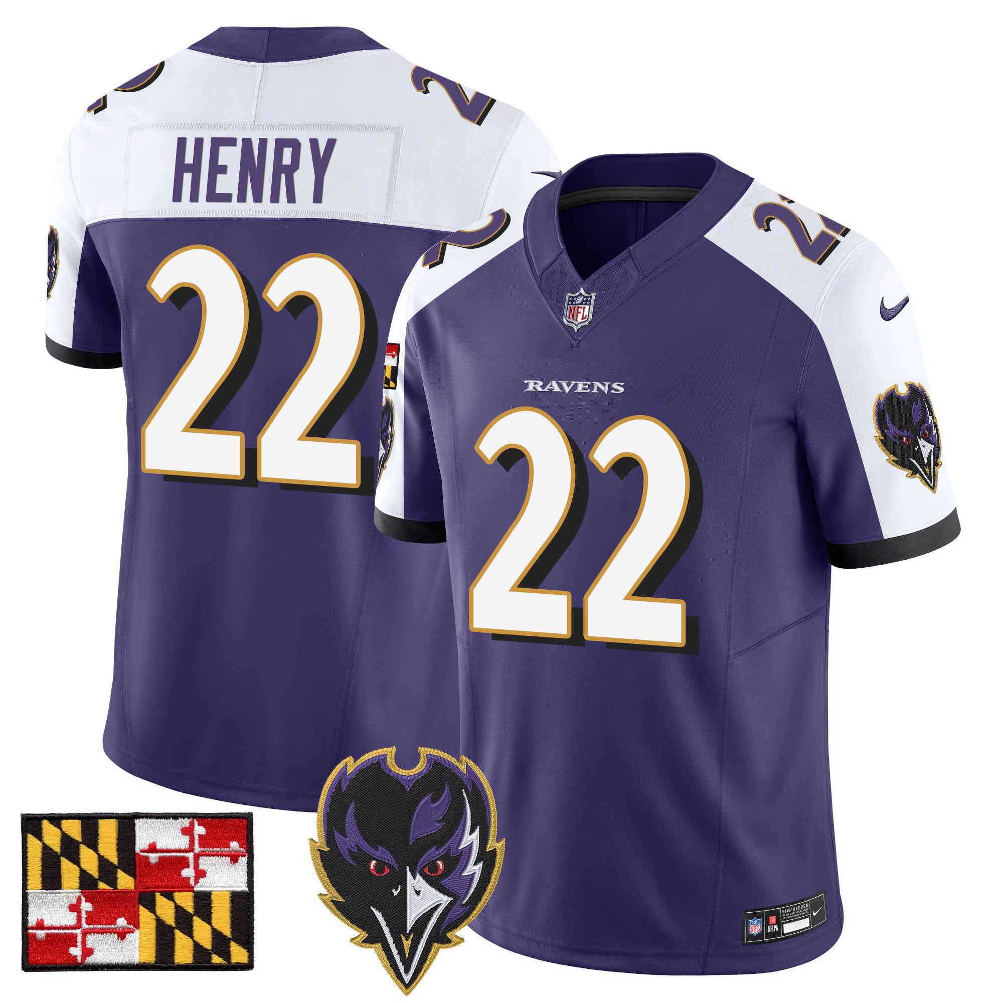 Derrick Henry Men's Baltimore Ravens 2024 Maryland Flag Vapor Limited Purple Alternate Jersey V2 - All Stitched