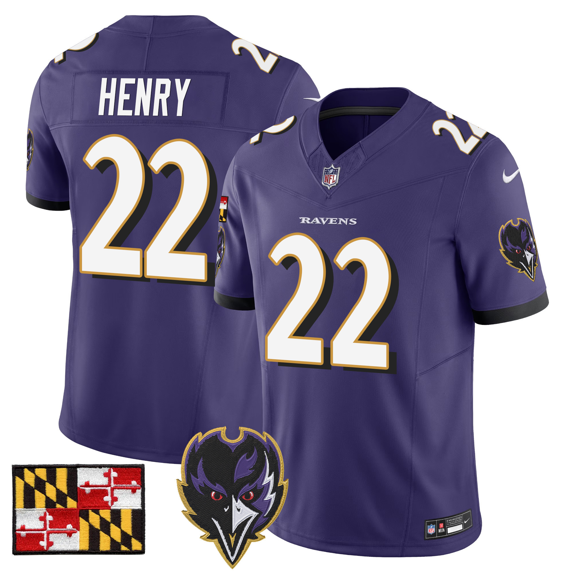 Derrick Henry Men's Baltimore Ravens 2024 Maryland Flag Vapor Limited Purple Jersey V2 - All Stitched