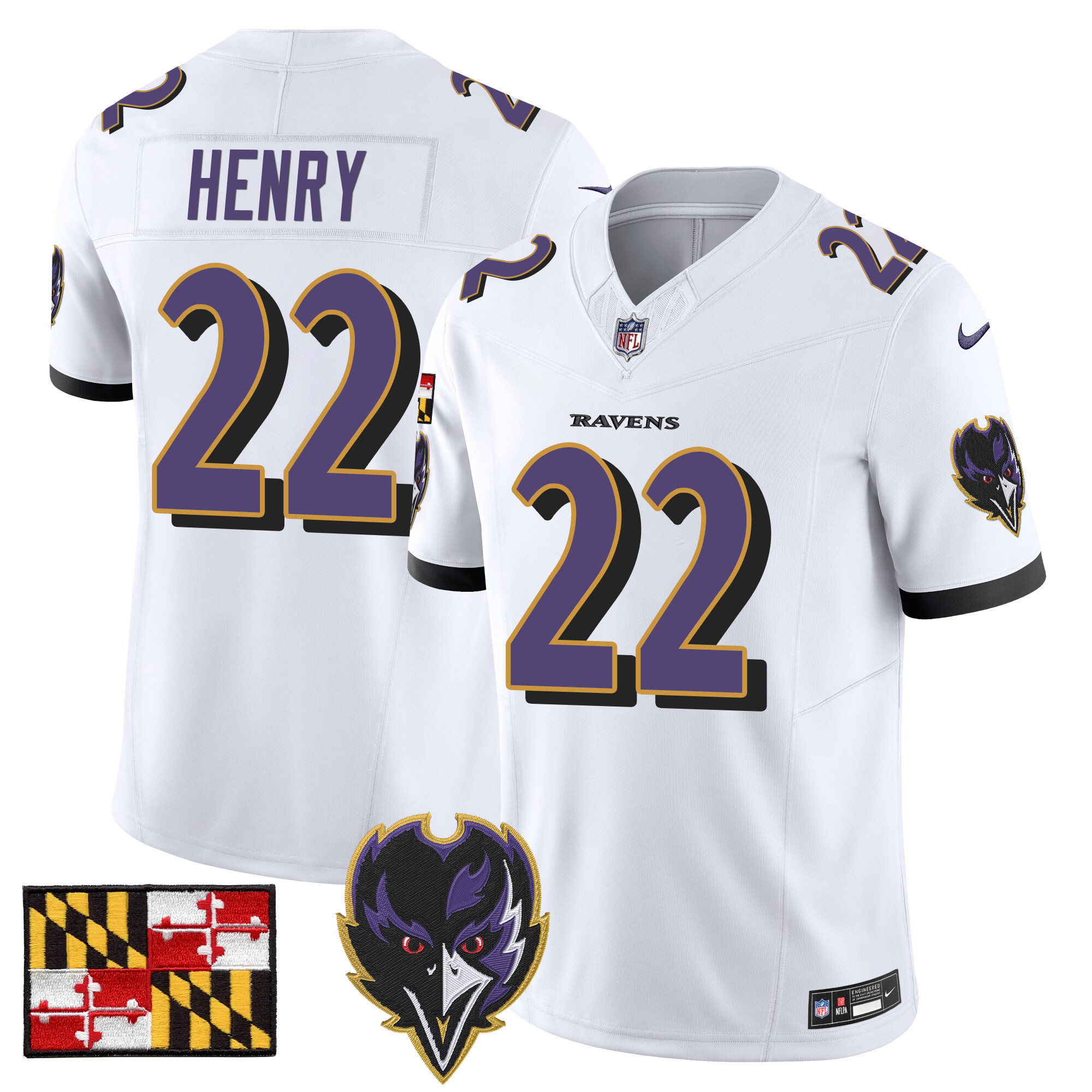 Derrick Henry Men's Baltimore Ravens 2024 Maryland Flag Vapor Limited White Jersey V2 - All Stitched