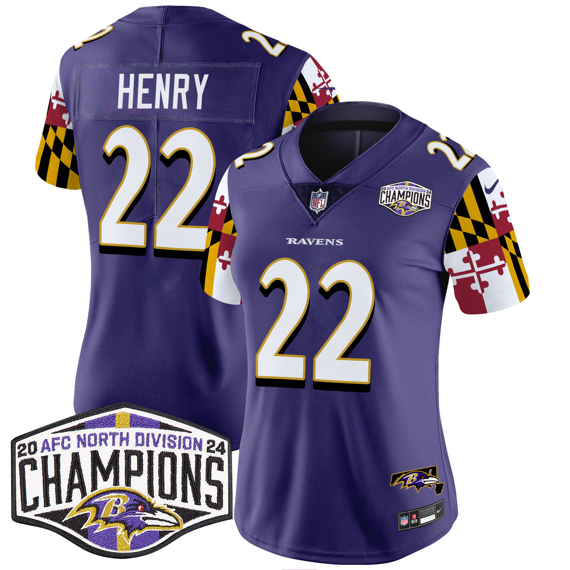 Derrick Henry Women's Baltimore Ravens Maryland Flag 2024 AFC North Division Champions Patch Vapor Limited Purple Jersey - All Stitched