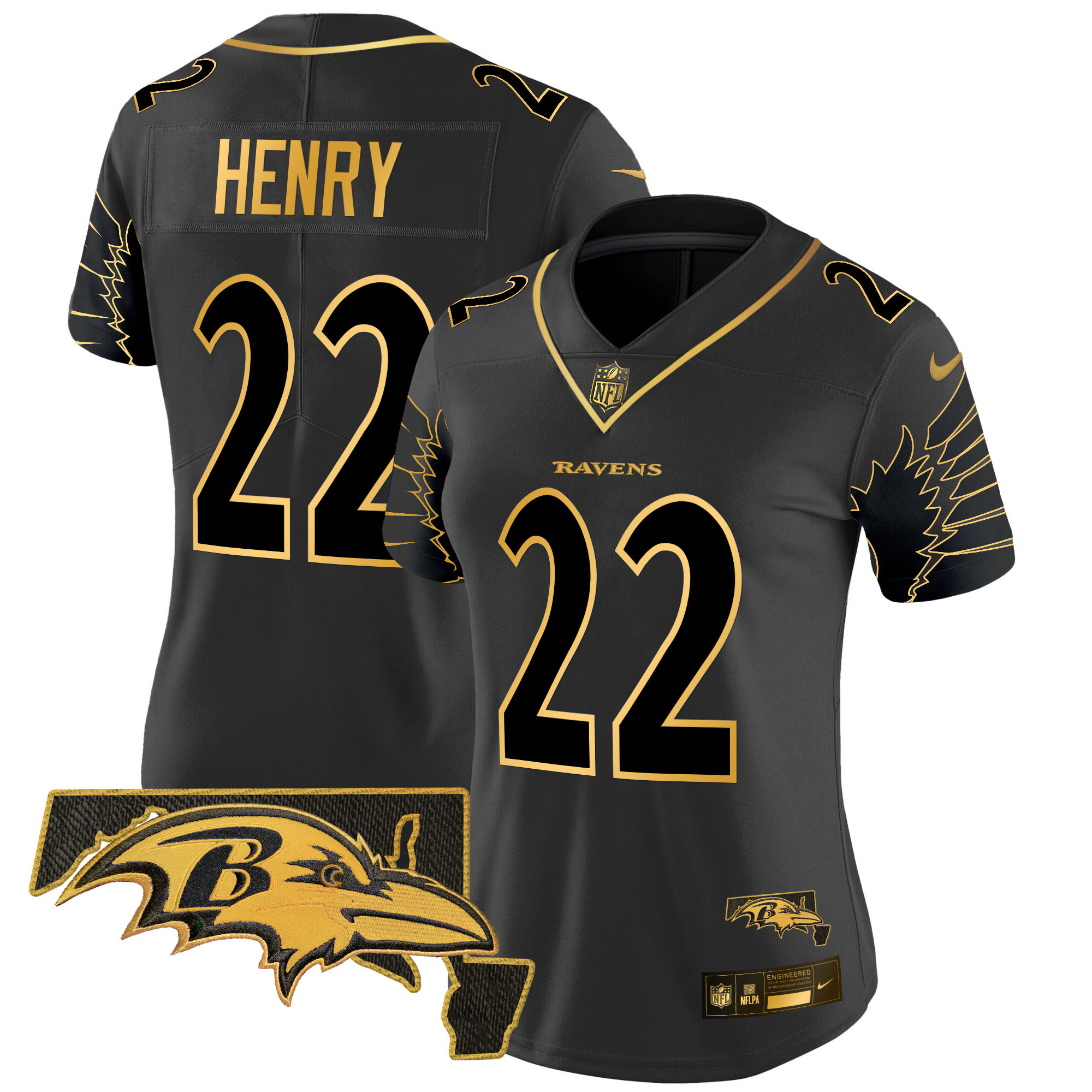 Derrick Henry Women's Baltimore Ravens Maryland Patch Gold Vapor Limited Black Gold Jersey V2 - All Stitched