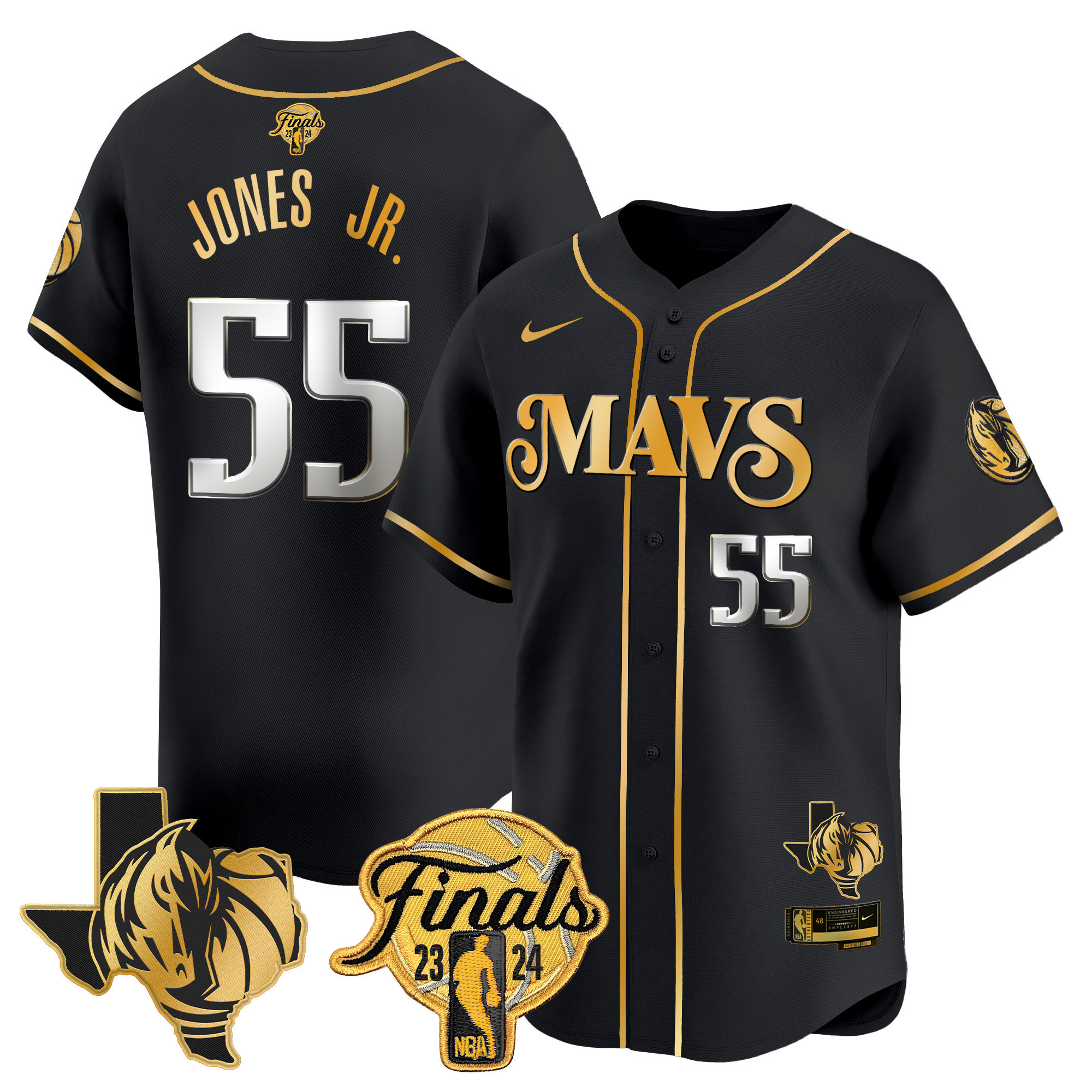 Derrick Jones Jr. Men's Dallas Mavericks 2024 Finals & Texas Patch Baseball Black Gold Jersey - All Stitched