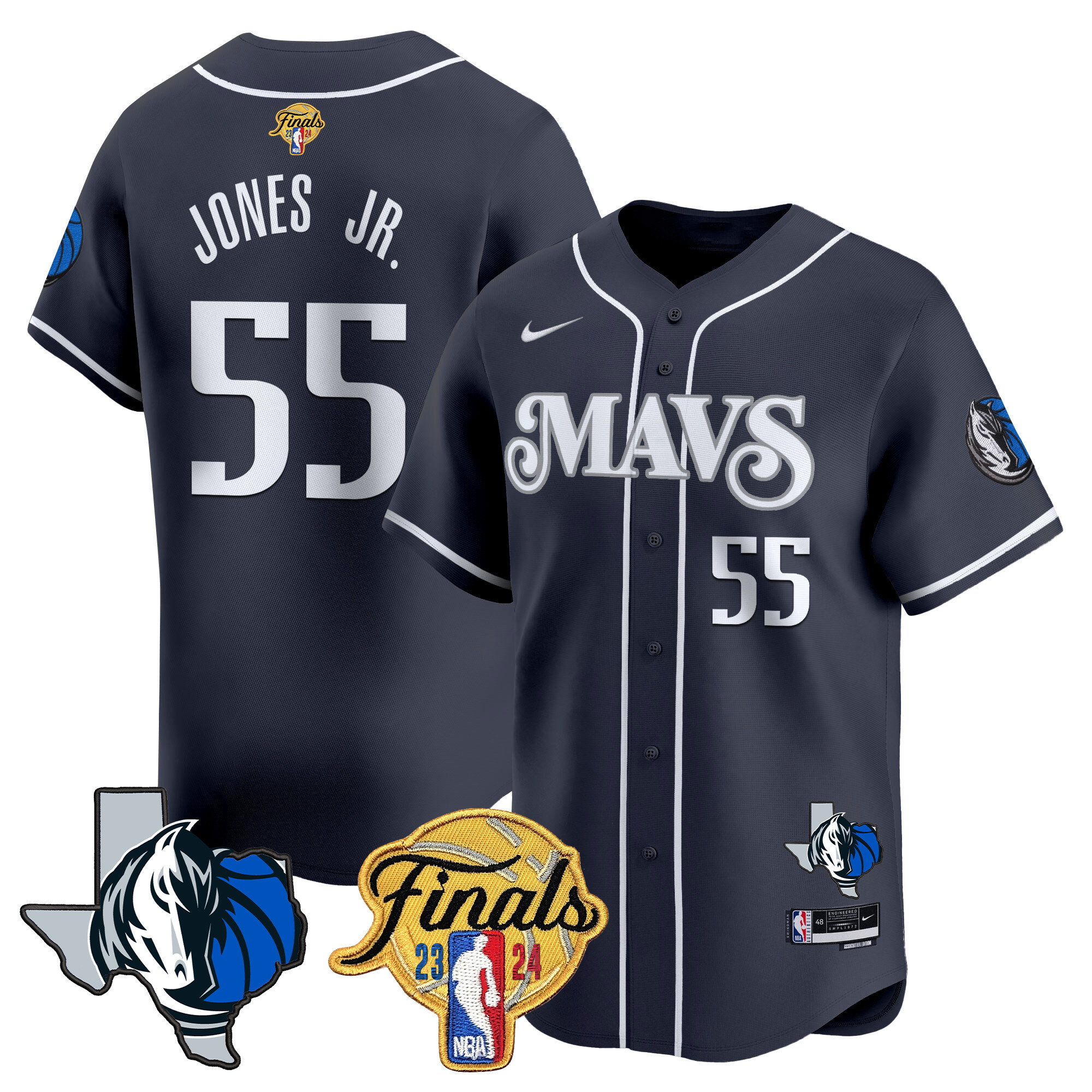 Derrick Jones Jr. Men's Dallas Mavericks 2024 Finals & Texas Patch Baseball Navy Jersey - All Stitched