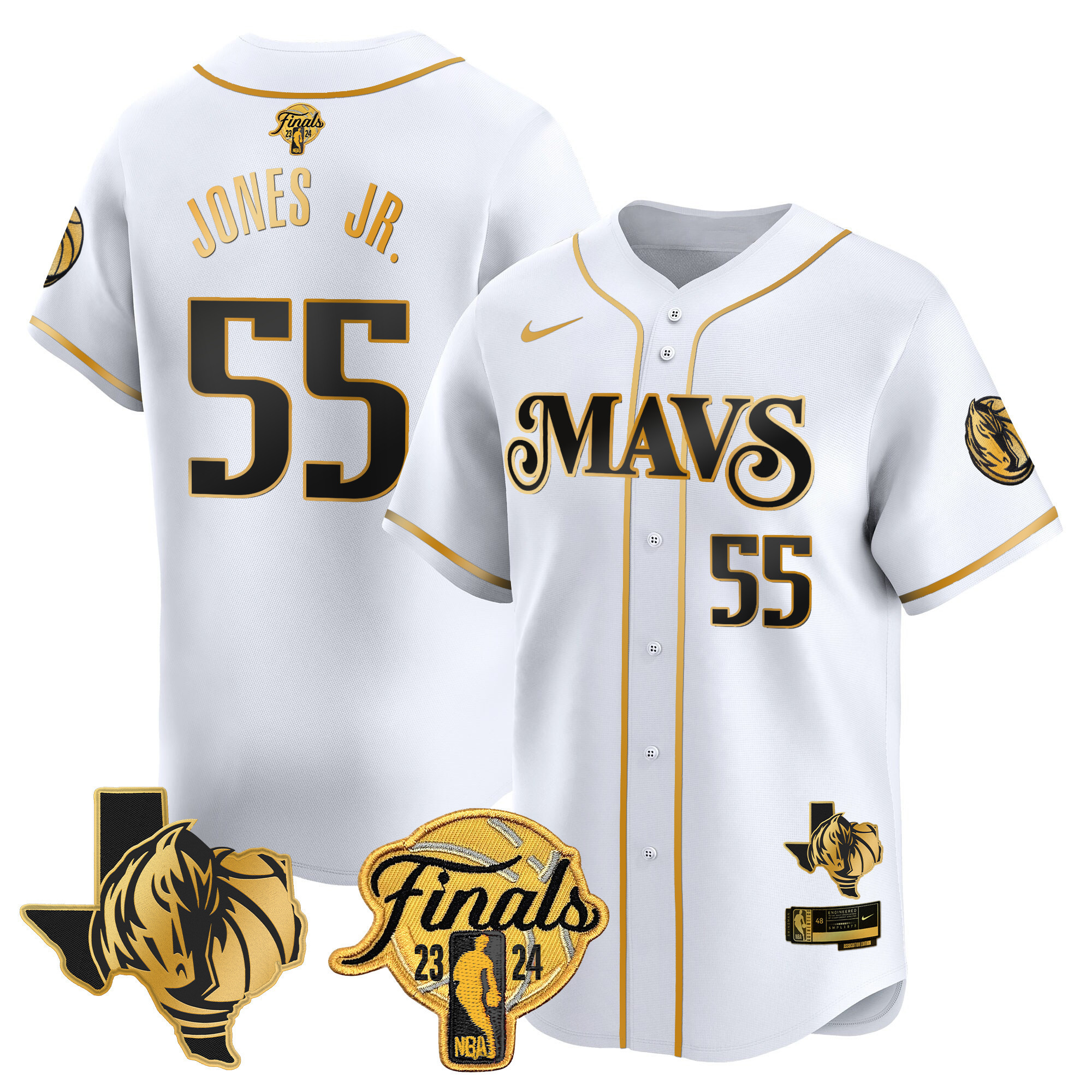 Derrick Jones Jr. Men's Dallas Mavericks 2024 Finals & Texas Patch Baseball White Gold Jersey - All Stitched