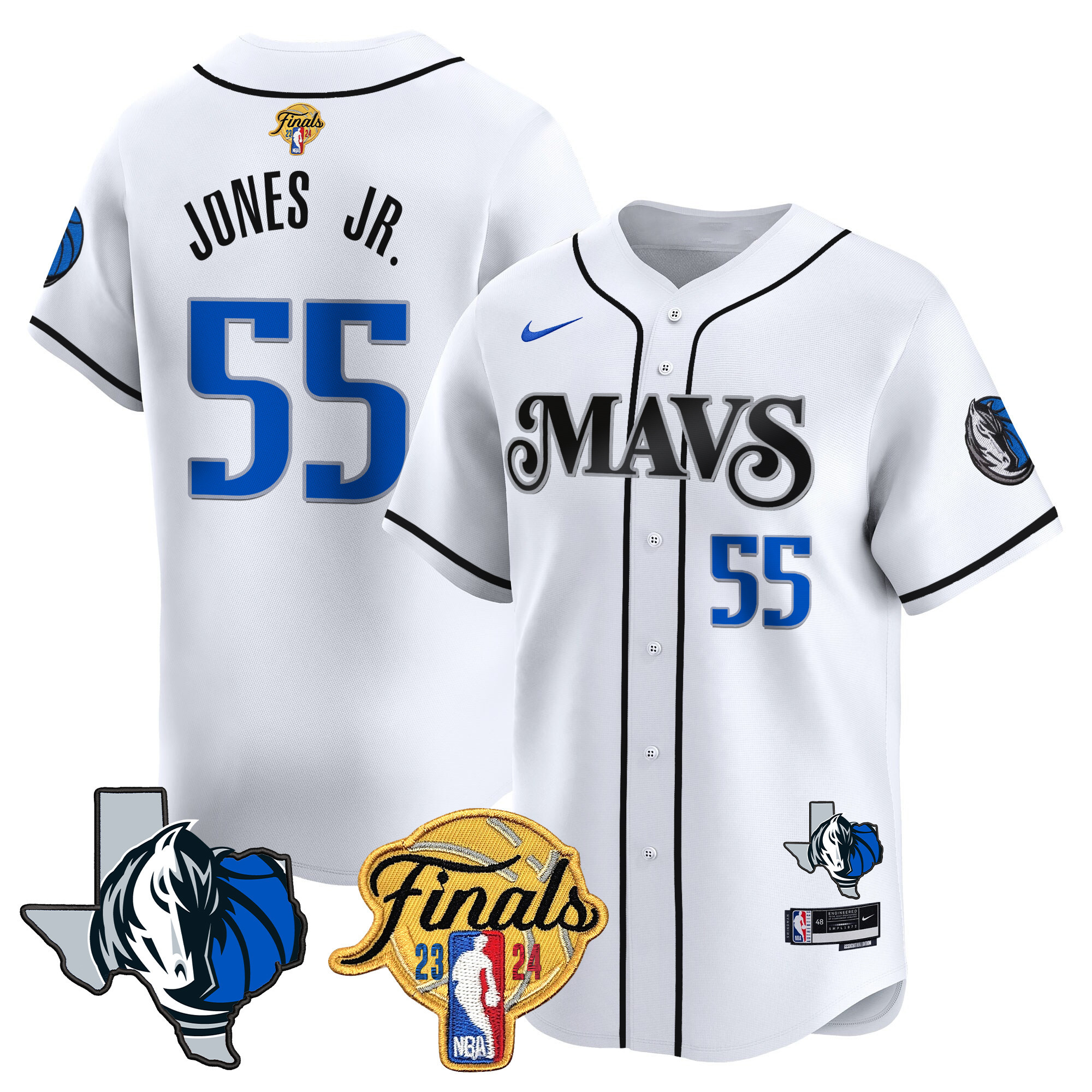 Derrick Jones Jr. Men's Dallas Mavericks 2024 Finals & Texas Patch Baseball White Jersey - All Stitched