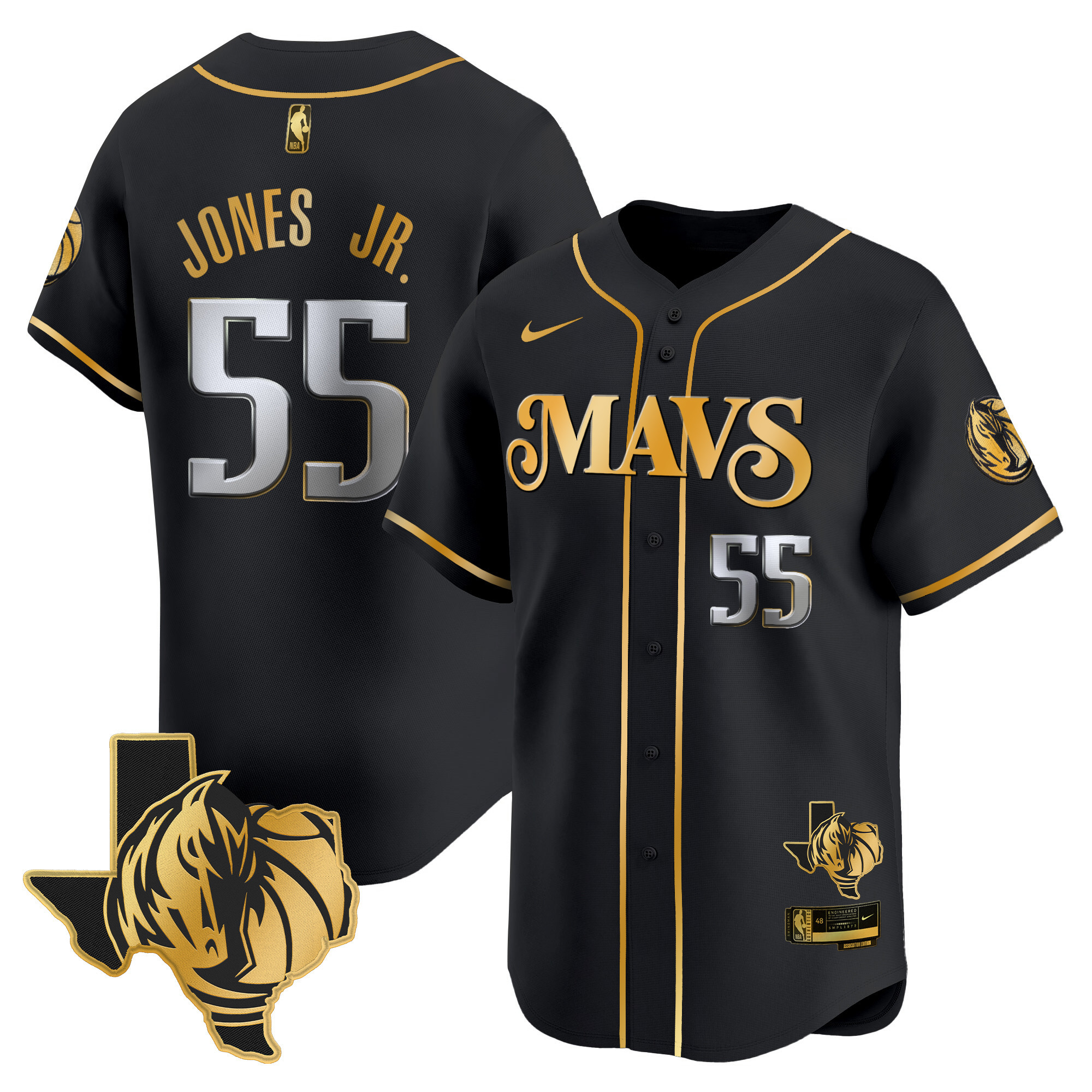 Derrick Jones Jr. Men's Dallas Mavericks Texas Patch Baseball BLack Gold Jersey - All Stitched