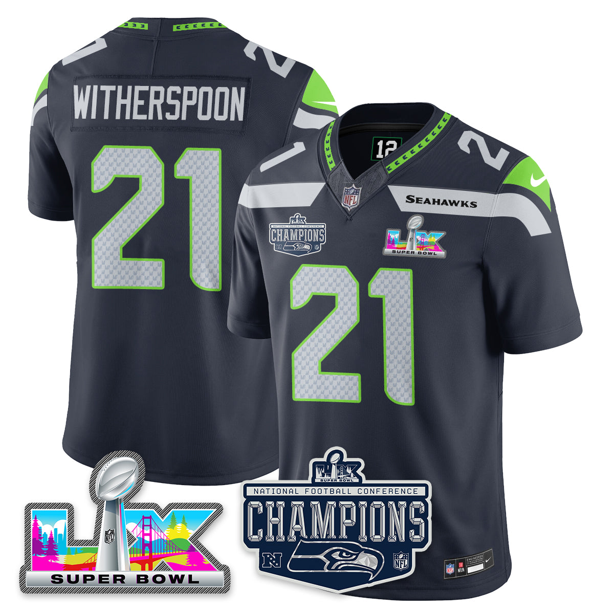 Devon Witherspoon - 21 Seattle Seahawks 2025 NFC Champions Vapor Limited Navy Jersey - All Stitched