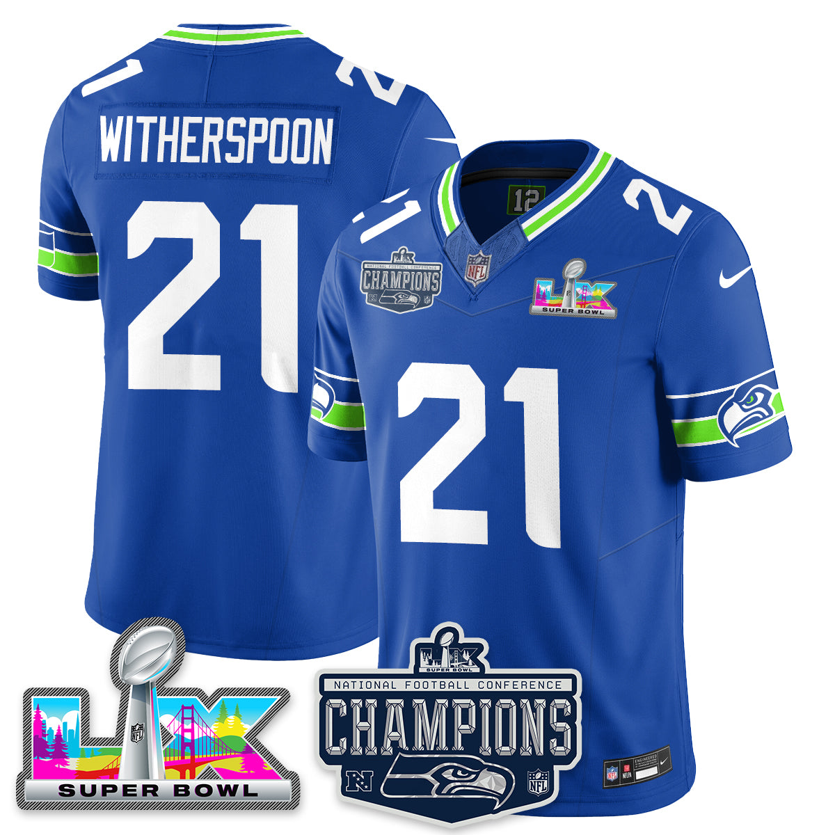 Devon Witherspoon - 21 Seattle Seahawks 2025 NFC Champions Vapor Limited Royal Jersey - All Stitched