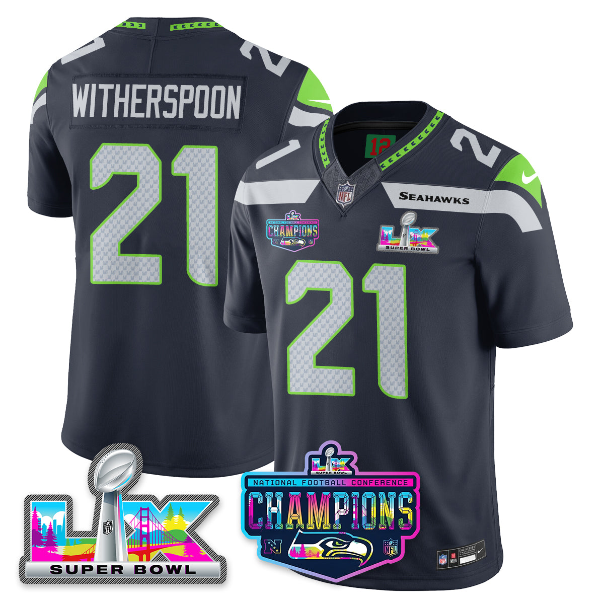 Devon Witherspoon - 21 Seattle Seahawks 2025 Vapor Limited Navy Jersey - NFC Champions Limited Patch - All Stitched