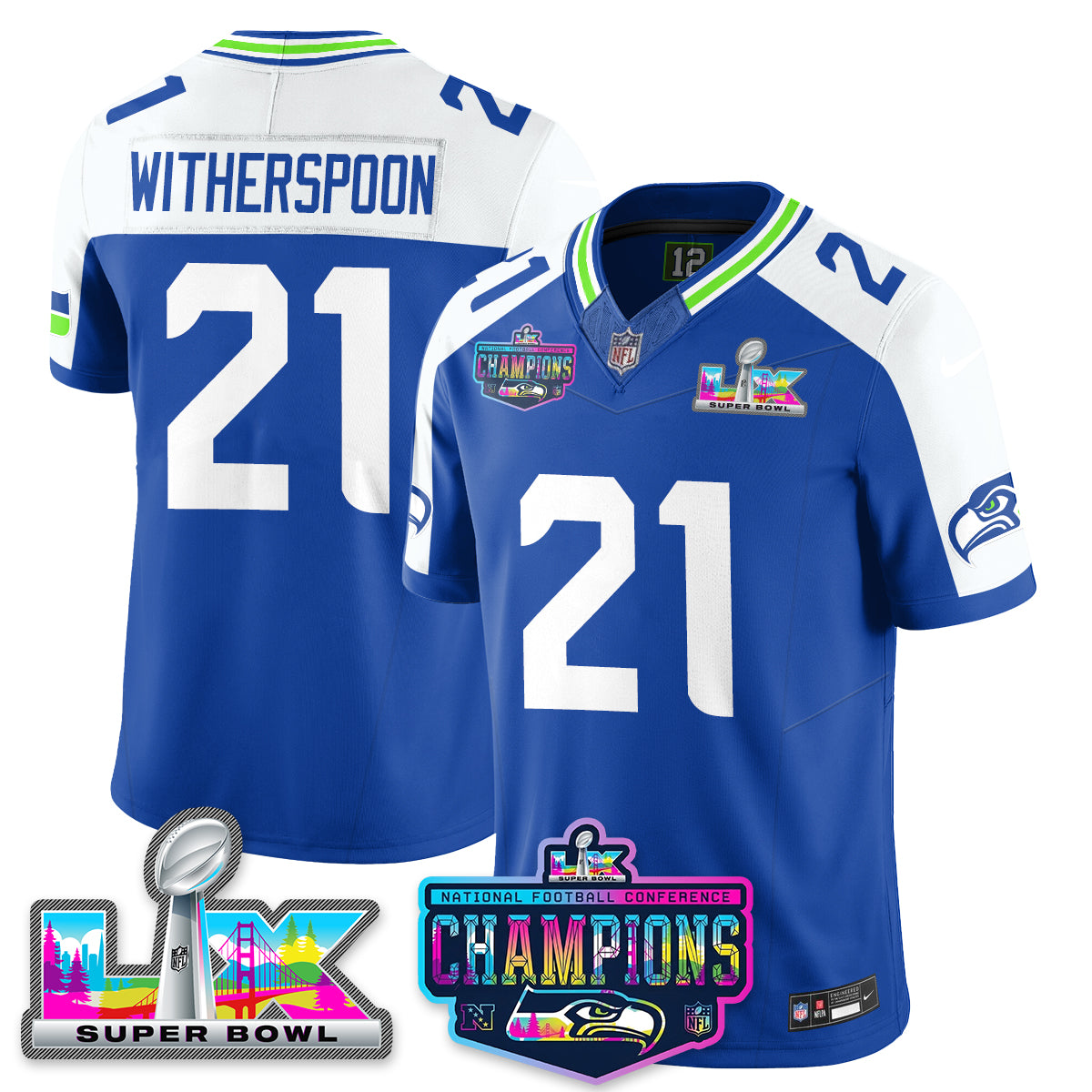 Devon Witherspoon - 21 Seattle Seahawks 2025 Vapor Limited Royal Alternate Jersey - NFC Champions Limited Patch - All Stitched