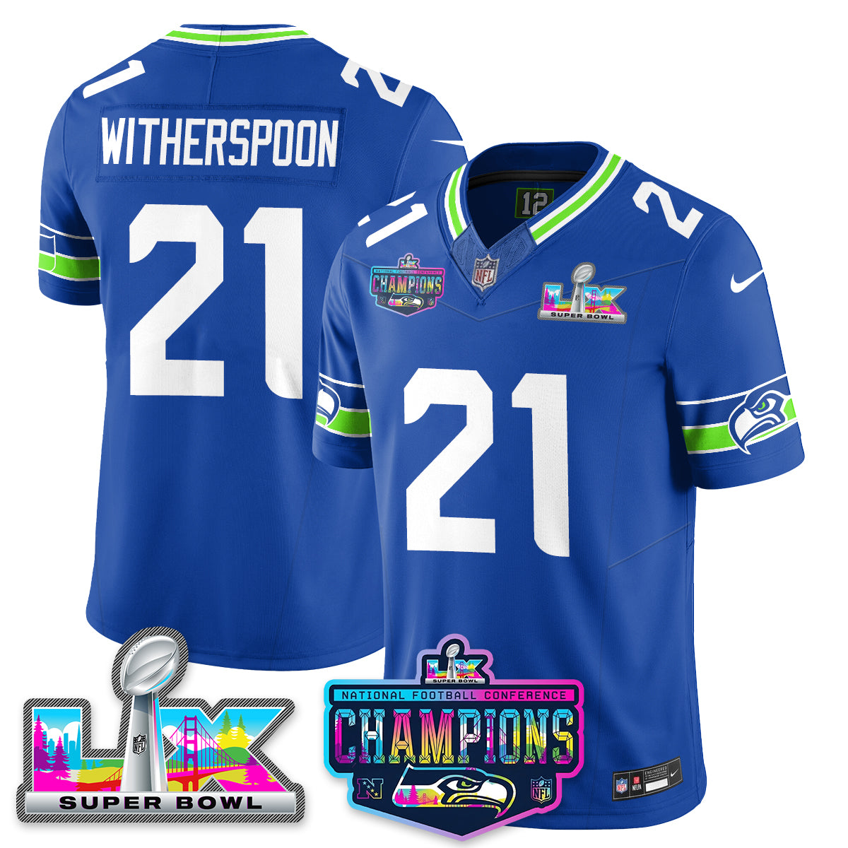 Devon Witherspoon - 21 Seattle Seahawks 2025 Vapor Limited Royal Jersey - NFC Champions Limited Patch - All Stitched