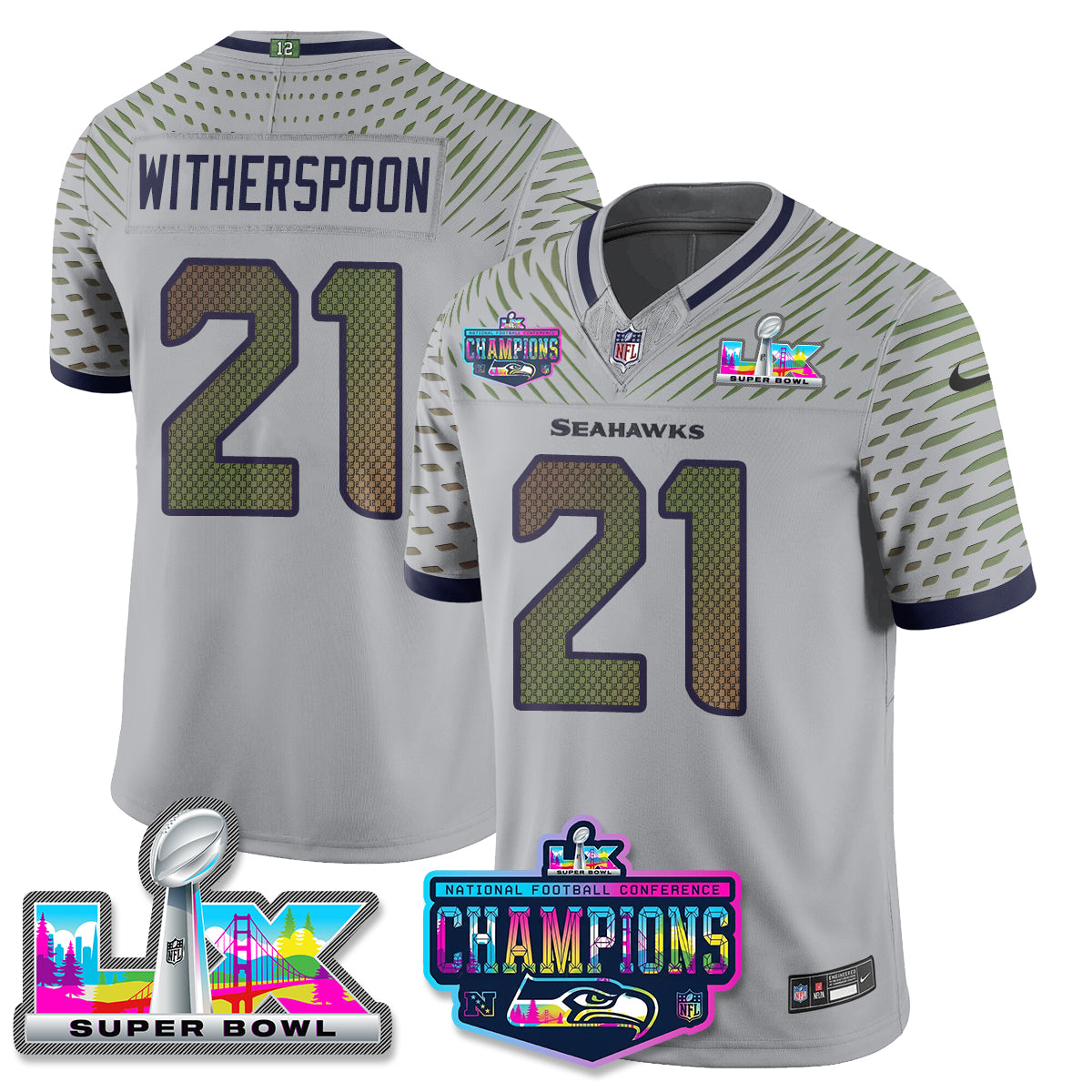 Devon Witherspoon - 21 Seattle Seahawks 2025 Vapor Limited Wolf Gray Jersey - NFC Champions Limited Patch - All Stitched
