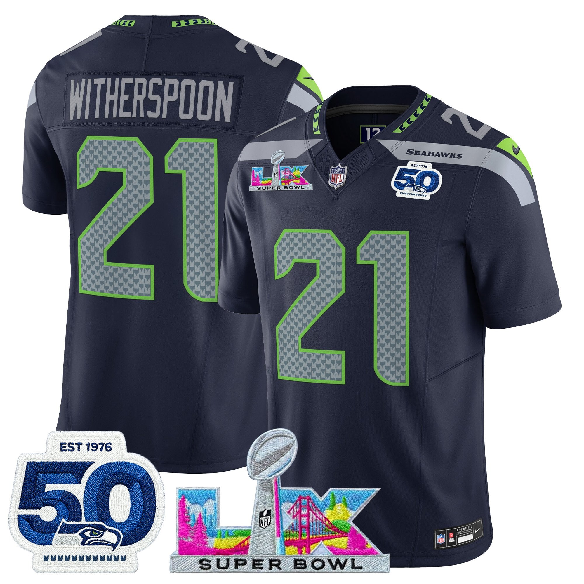 Devon Witherspoon Men's Seattle Seahawks “Super Bowl LX & 50th Patch” Vapor Limited College Navy Jersey - All Stitched