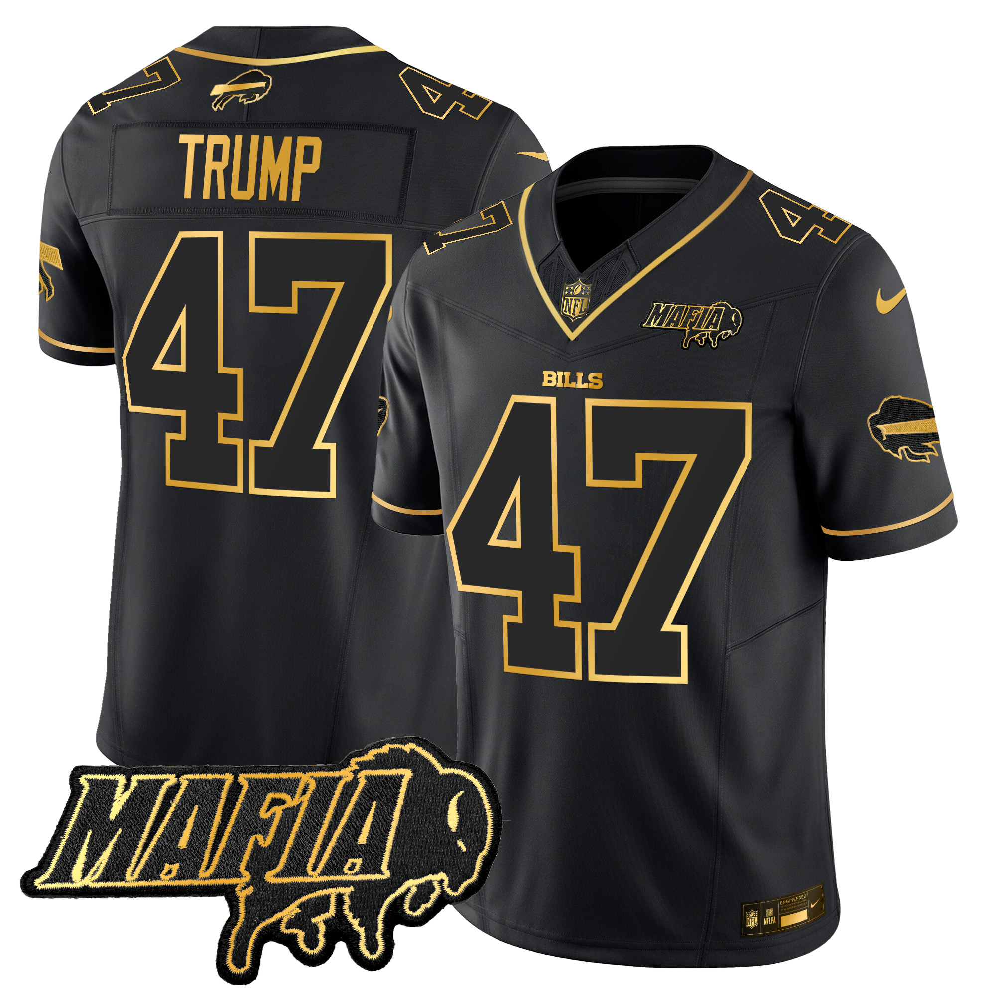 Donald Trump Men's Buffalo Bills 2024 Buffalo Bills Mafia Patch Gold Vapor Limited Black Gold Jersey - All Stitched