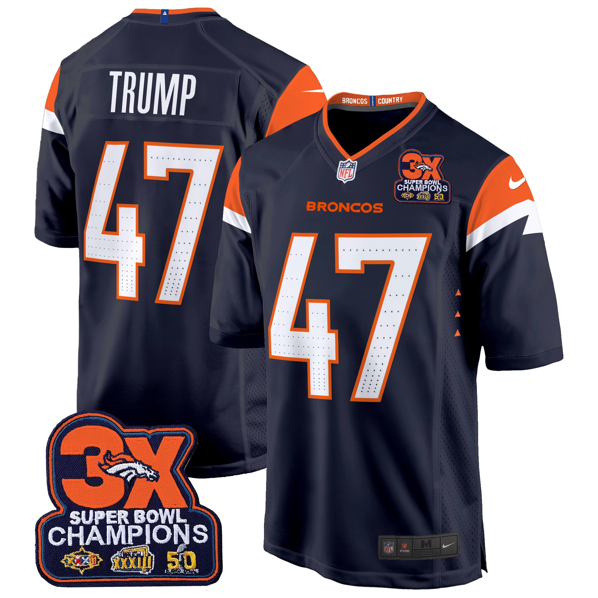 Donald Trump Men's Denver Broncos 3-Time Champions Patch Game Navy Jersey - Al Stitched