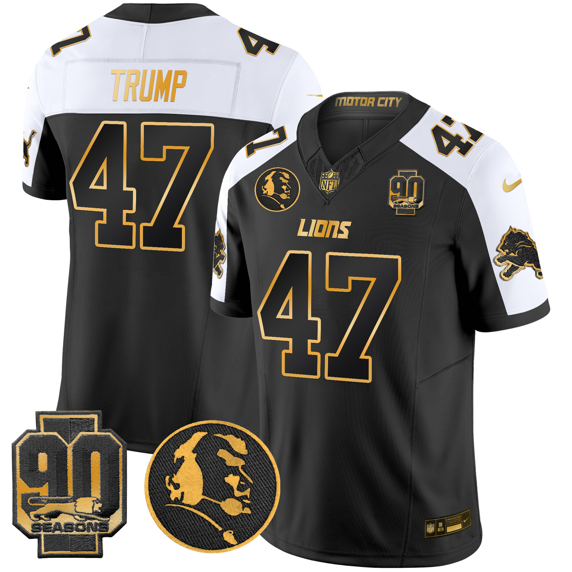Donald Trump Men's Detroit Lions 2024 90th & John Madden Patch Gold Vapor Limited Alternate Jersey V2 - All Stitched