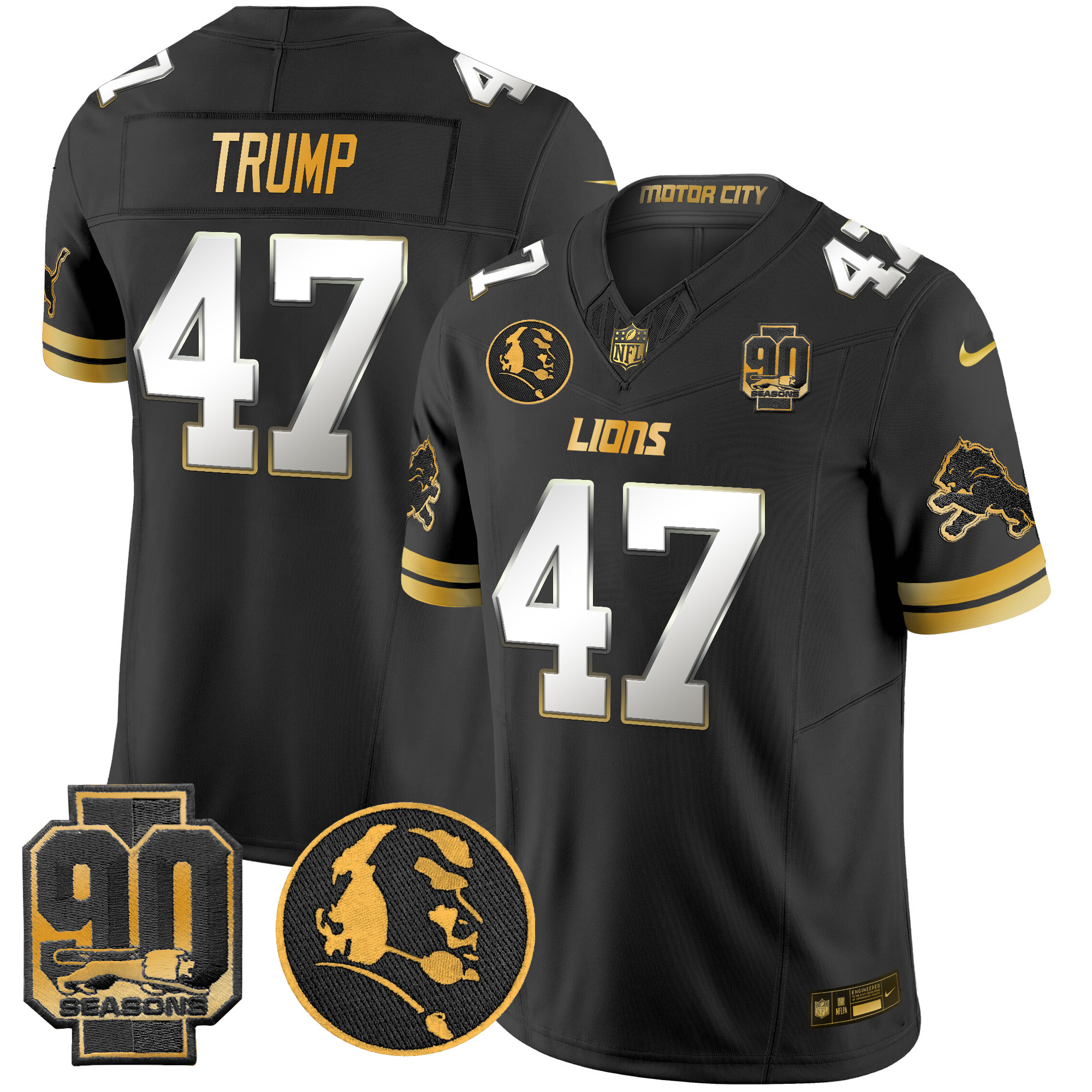 Donald Trump Men's Detroit Lions 2024 90th & John Madden Patch Gold Vapor Limited Black Limited Jersey V2 - All Stitched