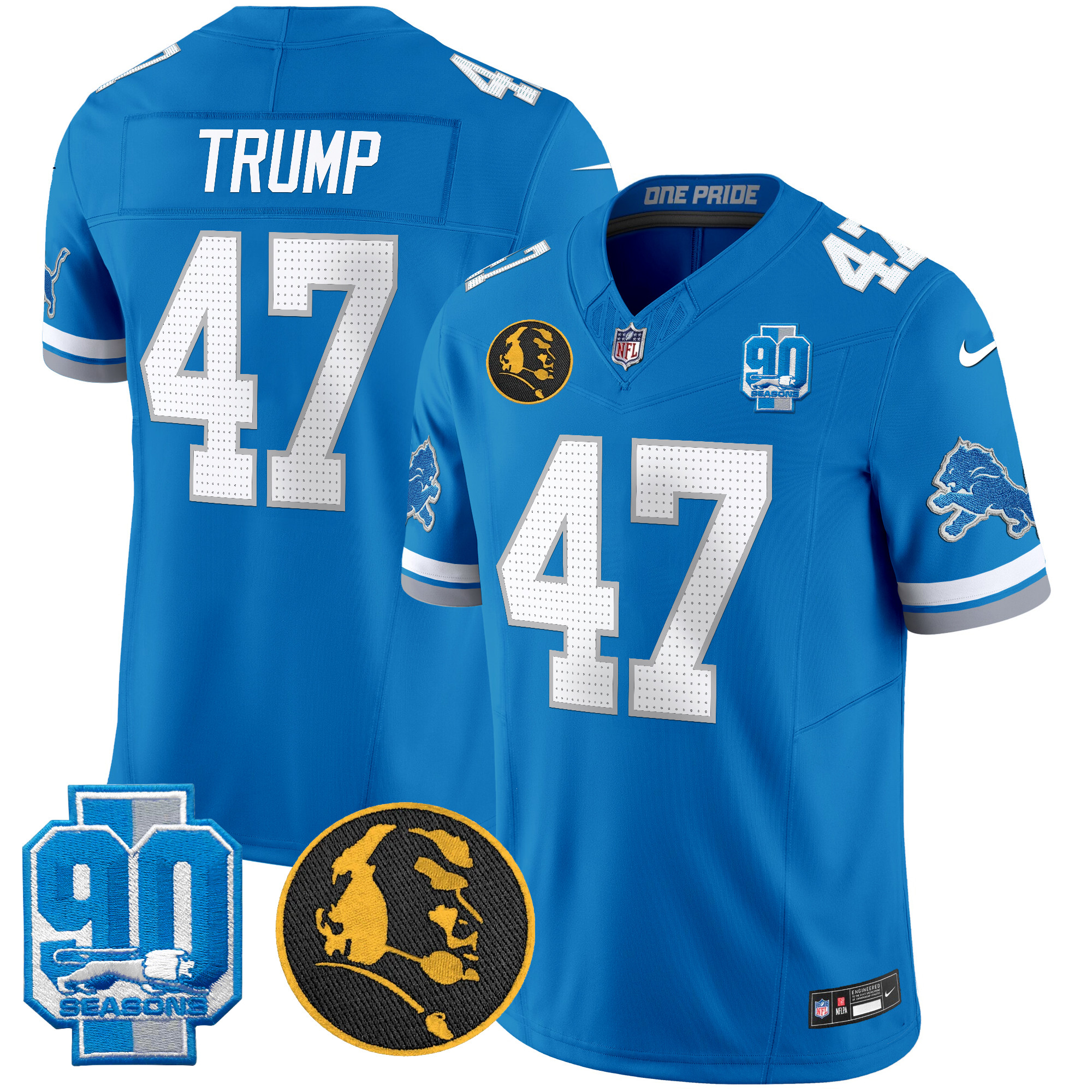 Donald Trump Men's Detroit Lions 2024 90th & John Madden Patch Vapor Limited Blue Jersey V2 - All Stitched