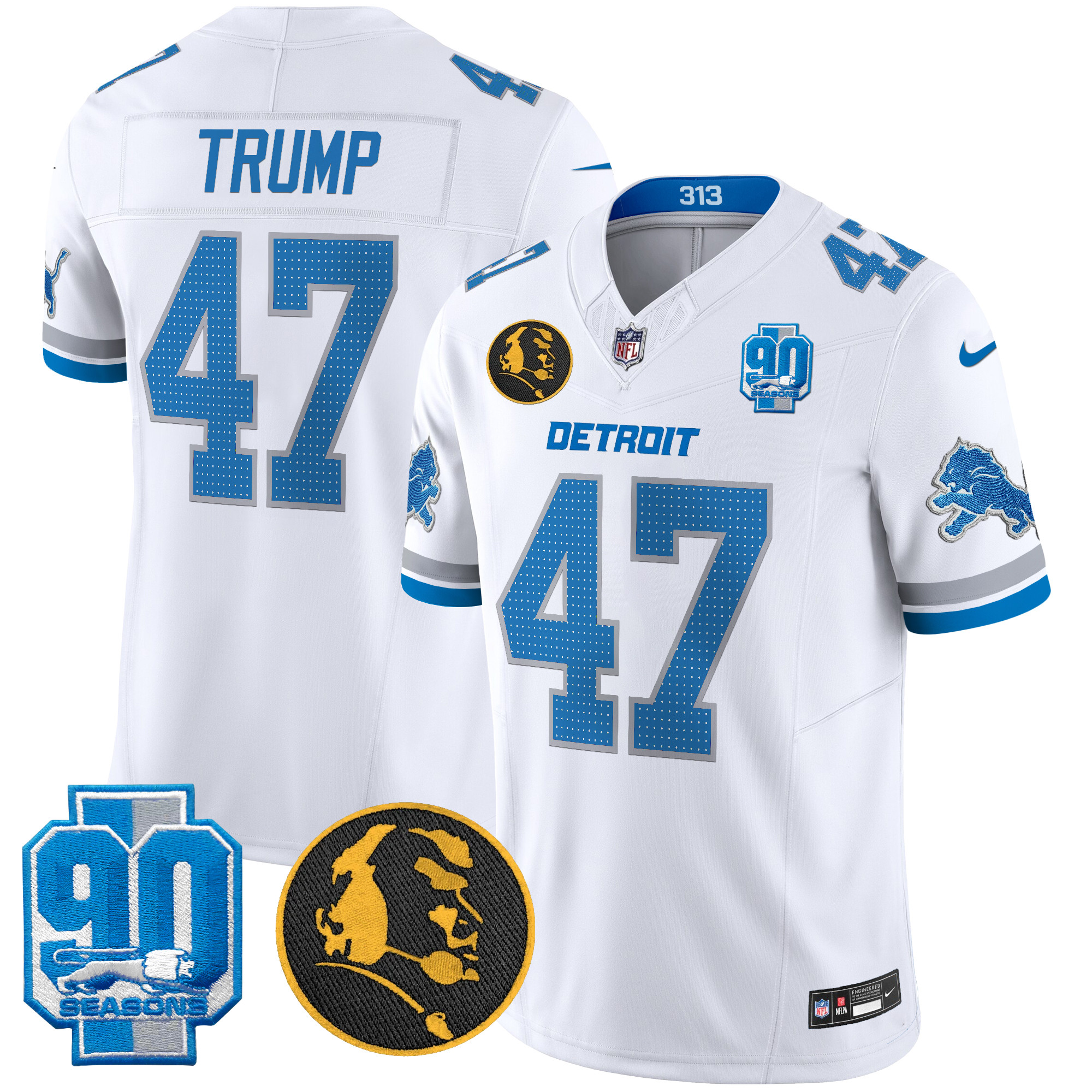 Donald Trump Men's Detroit Lions 2024 90th & John Madden Patch Vapor Limited White Jersey V2 - All Stitched