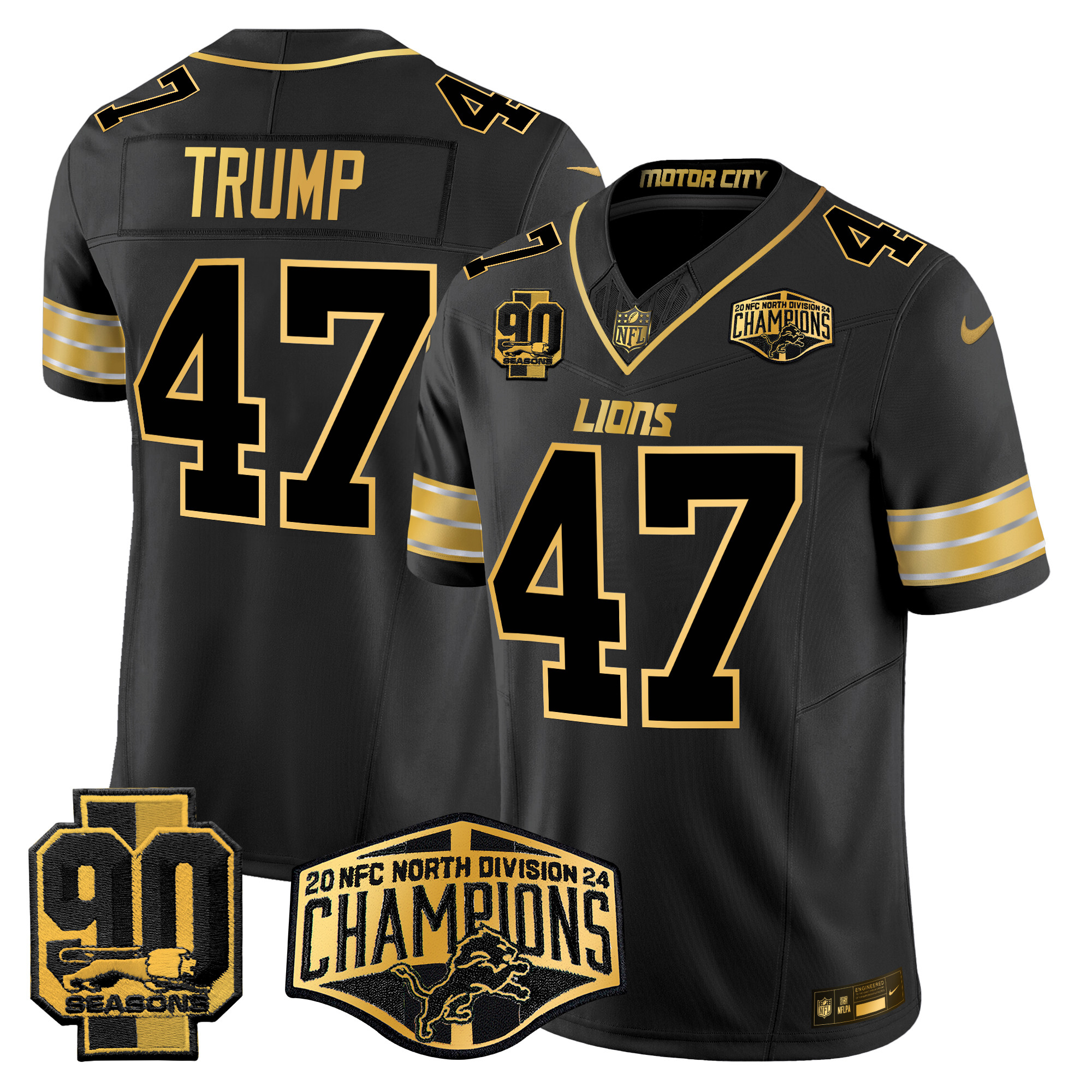 Donald Trump Men's Detroit Lions 2024 NFC North Division Champions Patch Gold Vapor Limited Black Gold Jersey - All Stitched