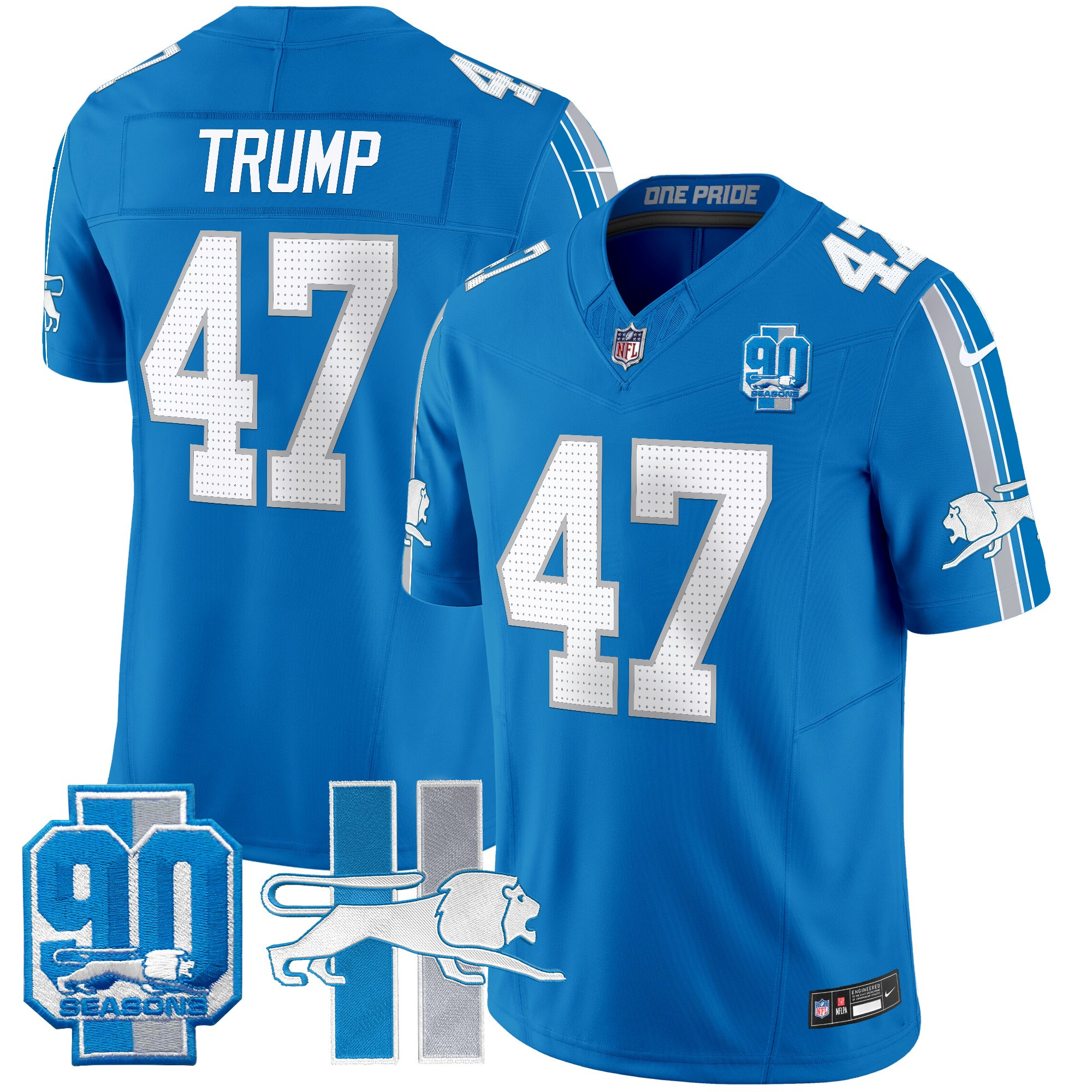 Donald Trump Men's Detroit Lions Throwback 90th Year Patch Vapor Limited Blue Jersey - All Stitched