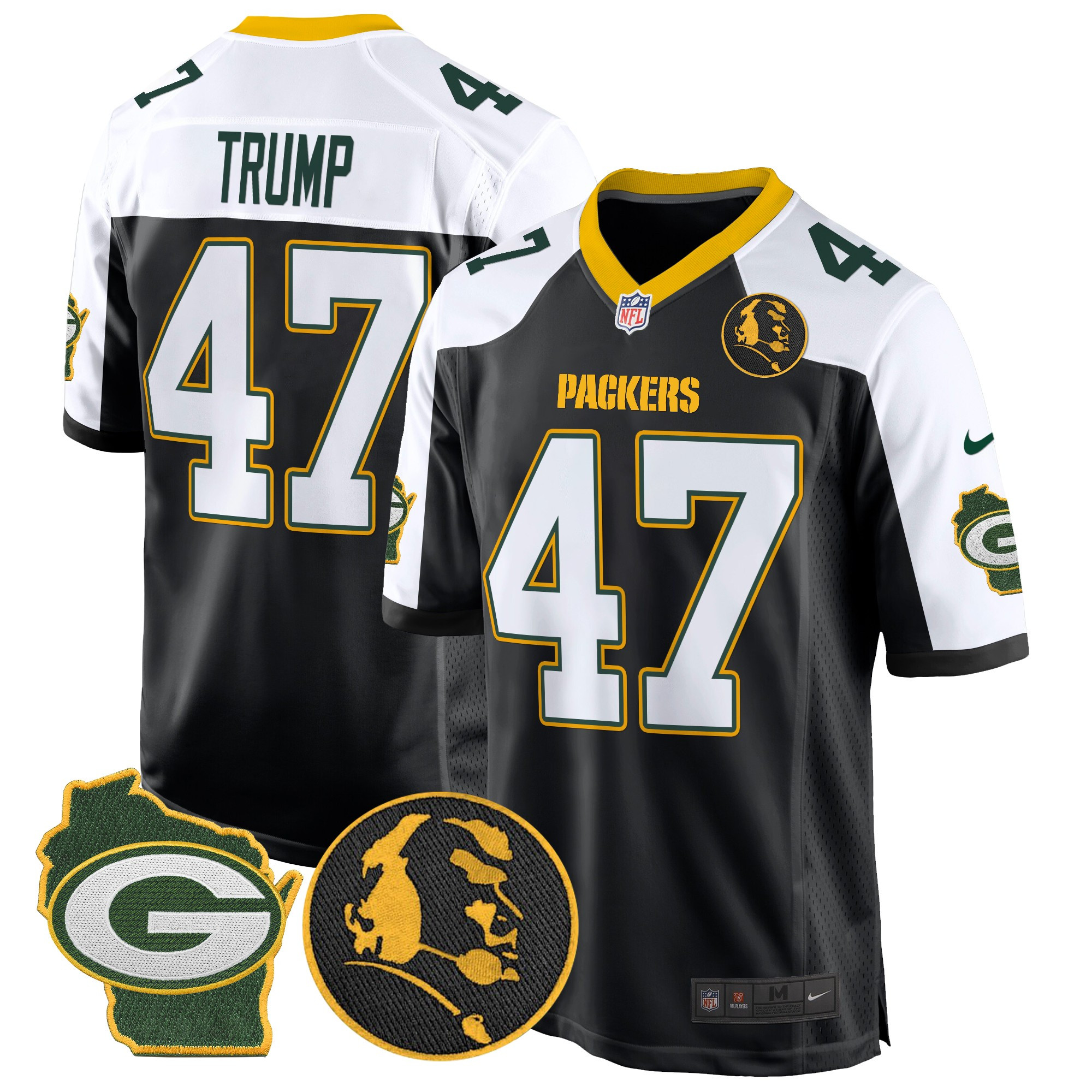Donald Trump Men's Green Bay Packers John Madden & Home Patch Game Black Alternate Jersey - All Stitched