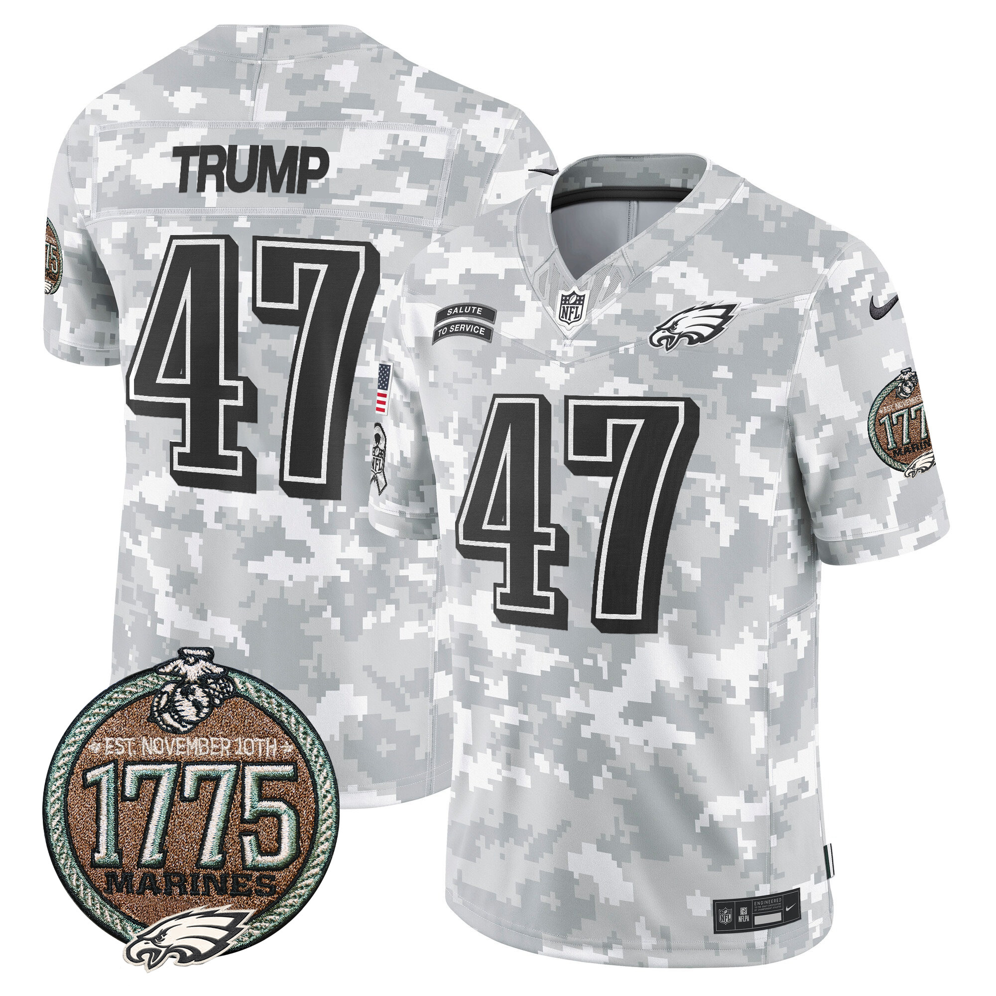 Donald Trump Men's Philadelphia Eagles 2024 Salute to Service Establishment Year Patch Vapor Limited Marines Jersey - All Stitched