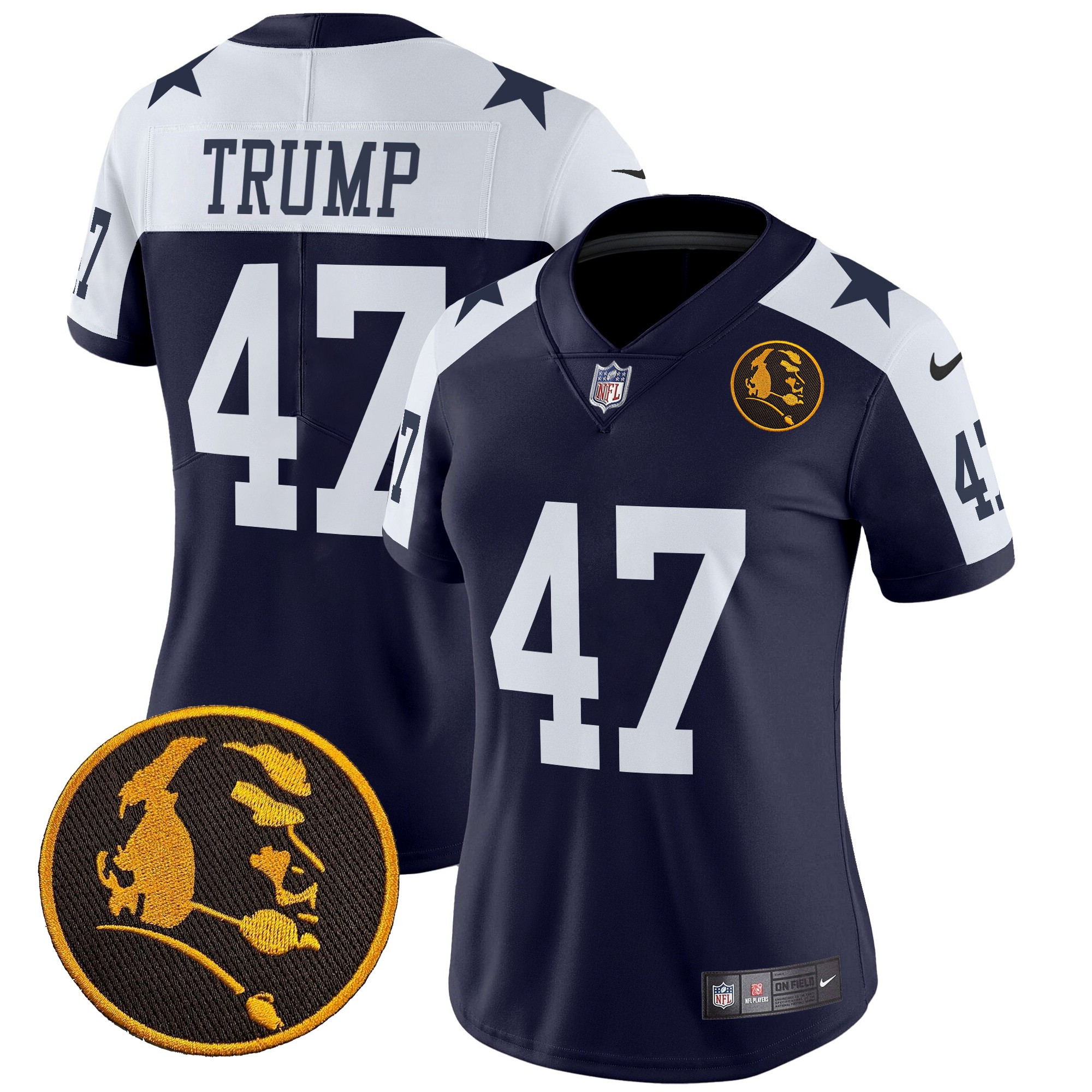 Donald Trump Women's Dallas Cowboys Texas & John Madden Patch Vapor Limited Navy Alternate Jersey V2 - All Stitched