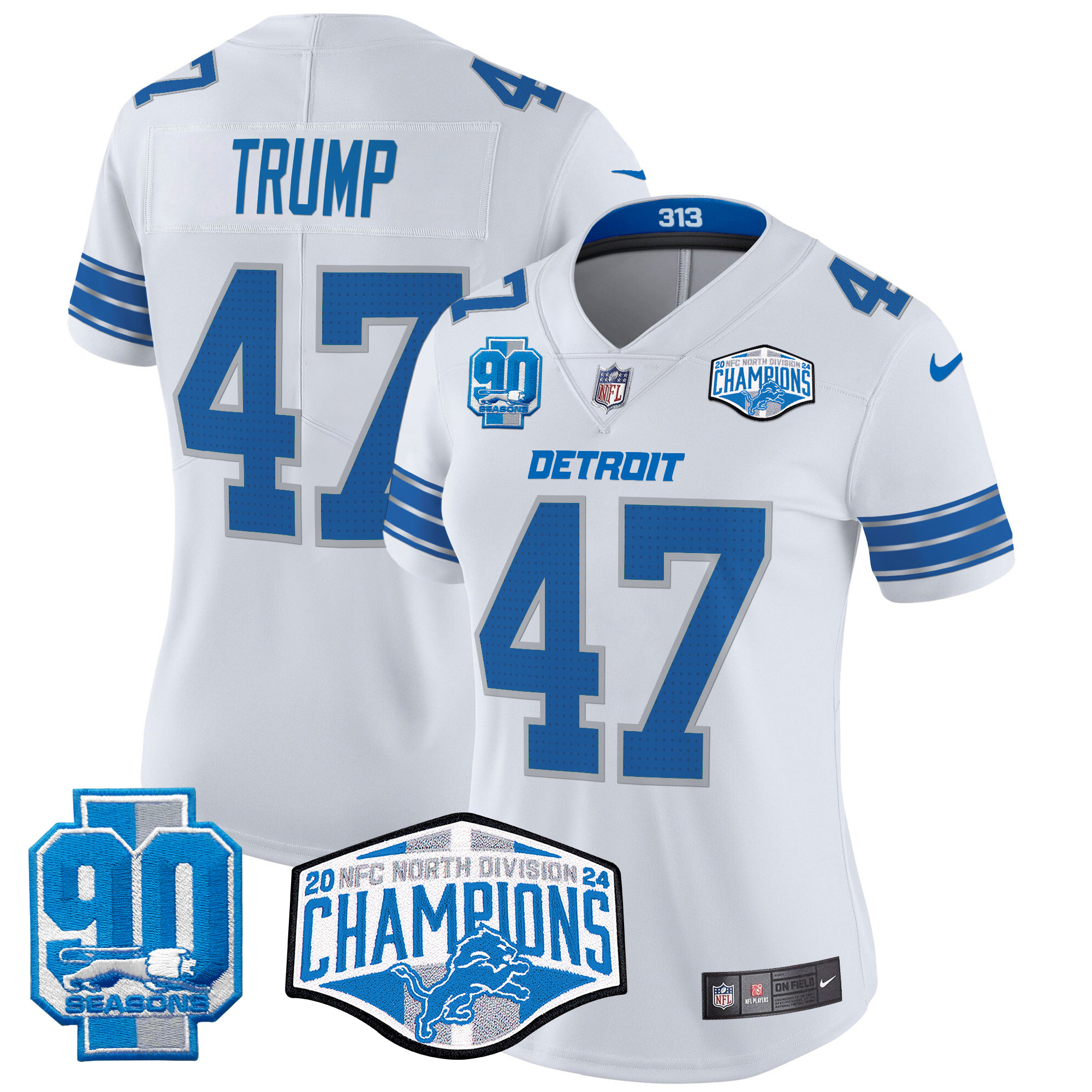 Donald Trump Women's Detroit Lions 2024 NFC North Division Champions Patch Vapor Limited White Jersey - All Stitched