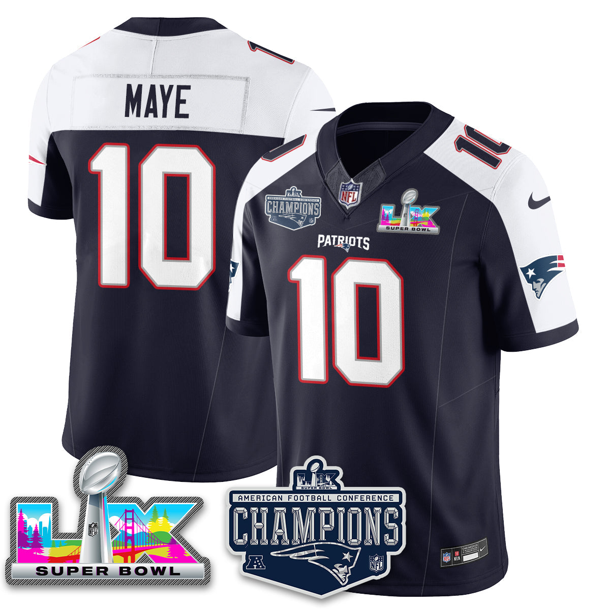 Drake Maye - 10 New England Patriots 2025 AFC Champions Vapor Limited Navy Alternate Jersey - All Stitched
