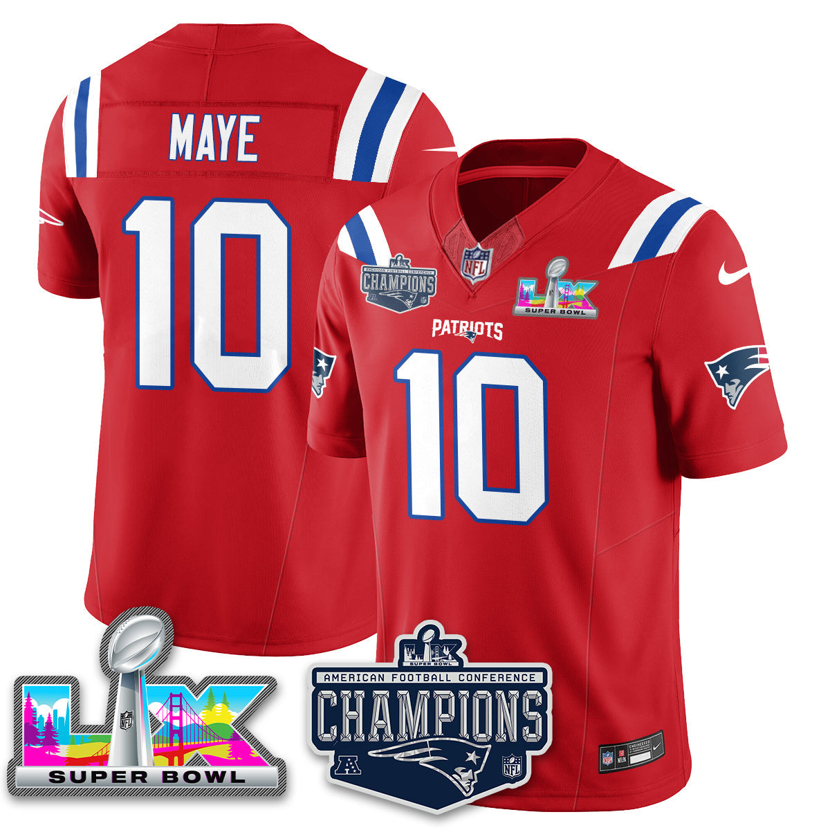 Drake Maye - 10 New England Patriots 2025 AFC Champions Vapor Limited Red Jersey - All Stitched