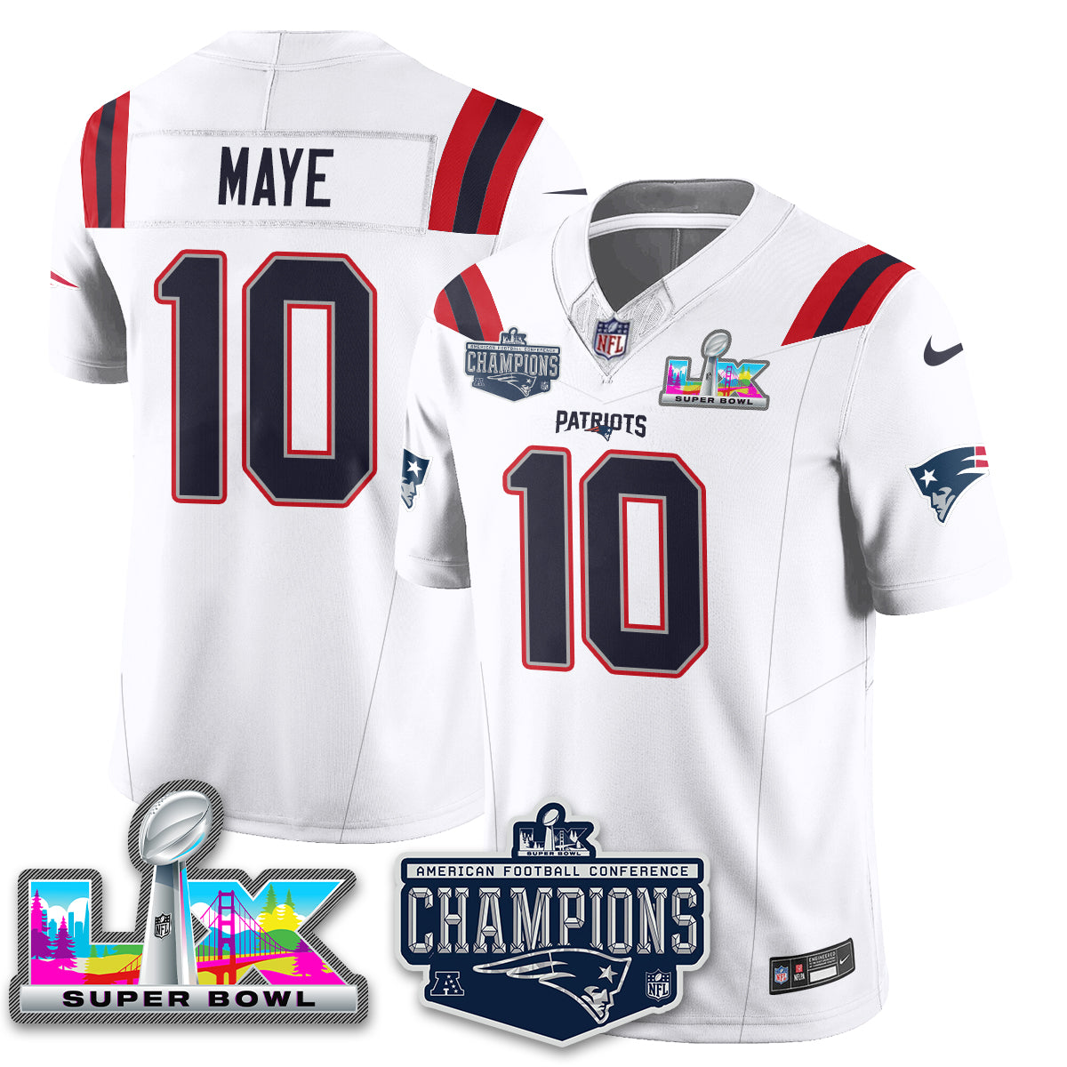 Drake Maye - 10 New England Patriots 2025 AFC Champions Vapor Limited White Jersey - All Stitched