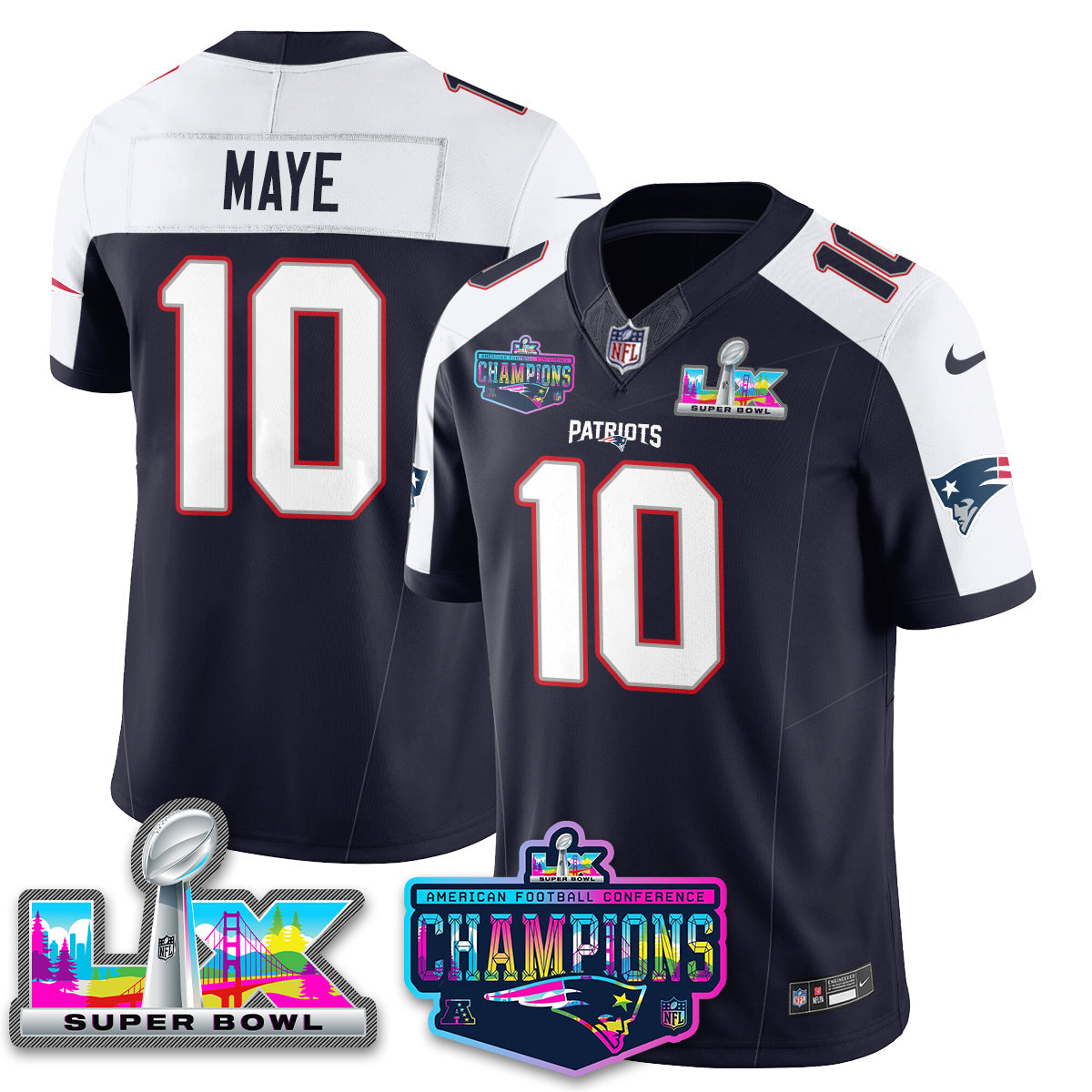 Drake Maye - 10 New England Patriots 2025 Vapor Navy Alternate Jersey - AFC Champions Limited Patch - All Stitched