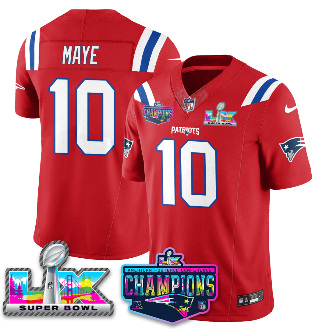 Drake Maye - 10 New England Patriots 2025 Vapor Red Jersey - AFC Champions Limited Patch - All Stitched