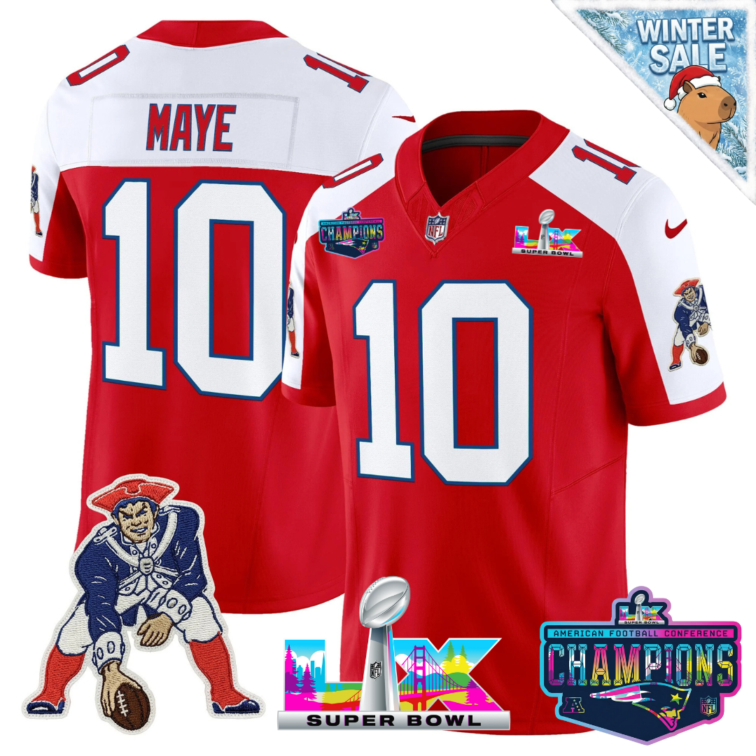 Drake Maye - 10 New England Patriots 2025 Vapor Red Throwback Alternate Jersey - AFC Champions Limited Patch - All Stitched
