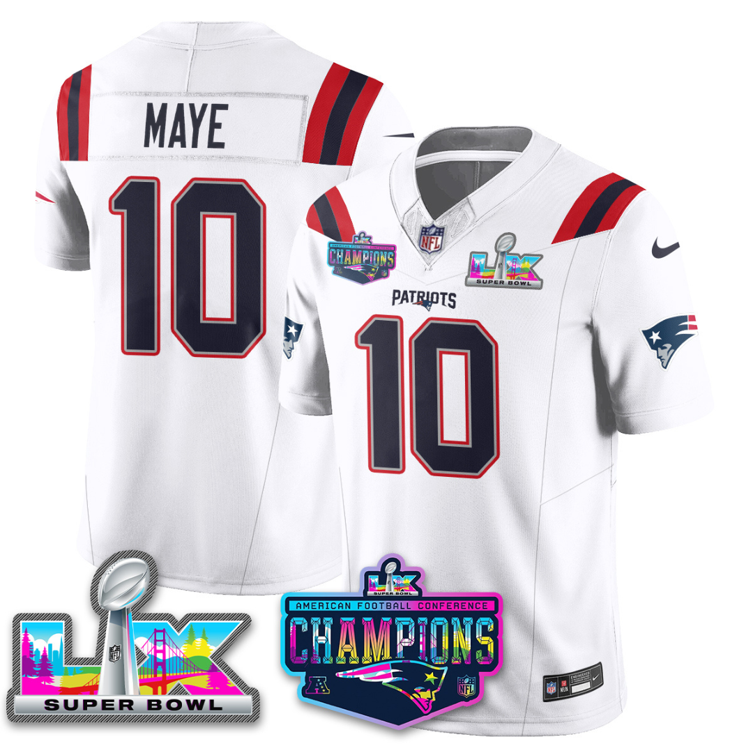 Drake Maye - 10 New England Patriots 2025 Vapor White Jersey - AFC Champions Limited Patch - All Stitched