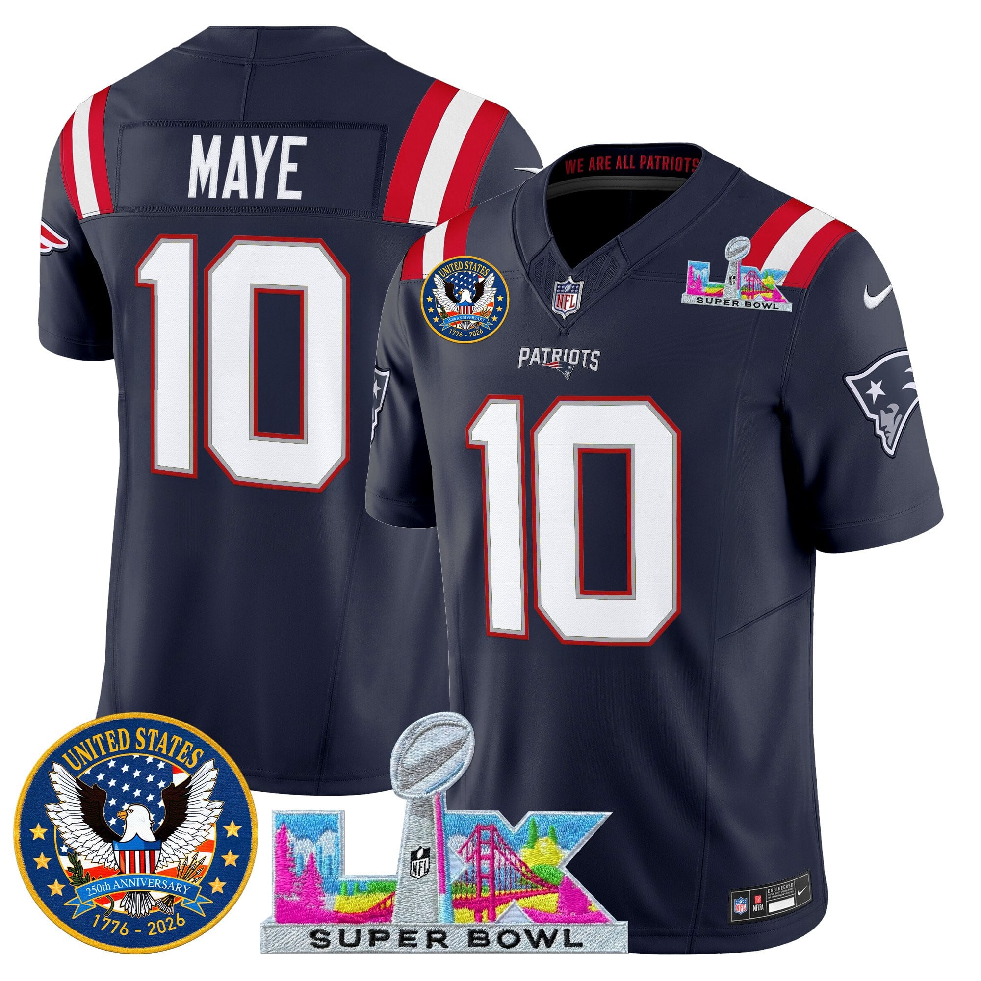 Drake Maye Men's New England Patriots “Super Bowl LX & United States 250th Patch” Vapor Limited Navy Jersey - All Stitched