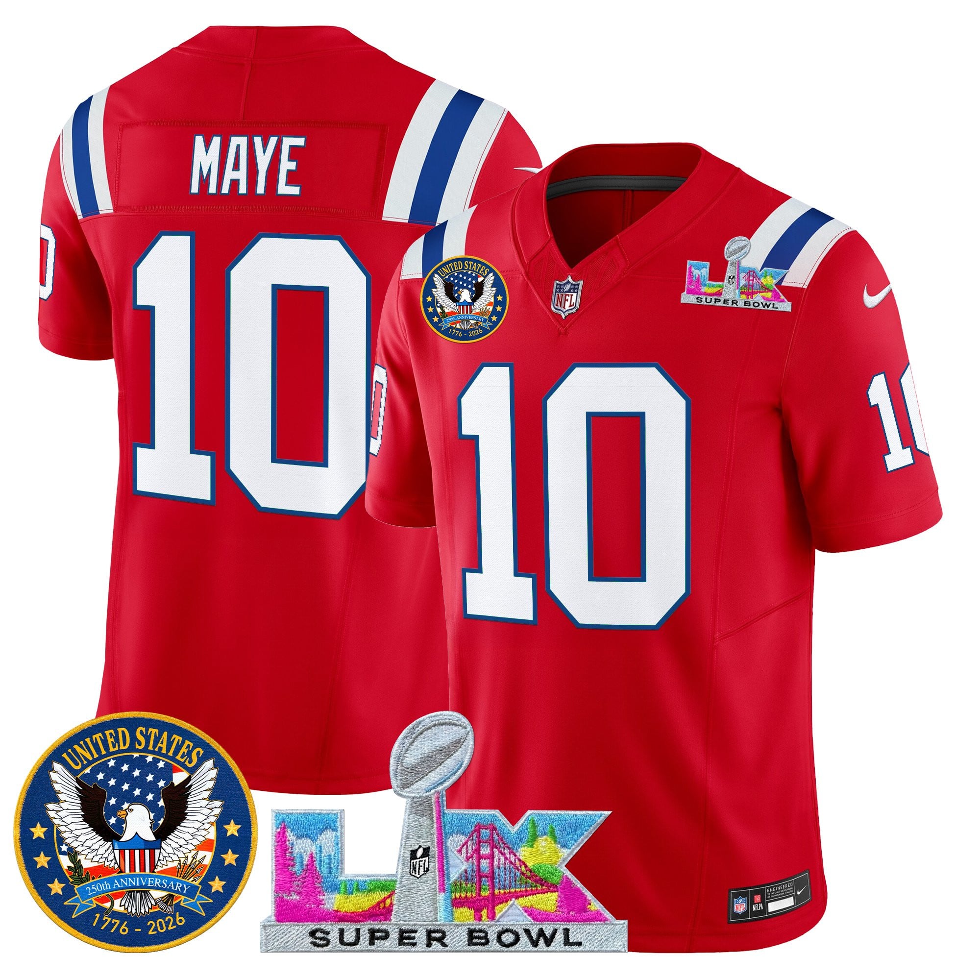 Drake Maye Men's New England Patriots “Super Bowl LX & United States 250th Patch” Vapor Limited Red Jersey - All Stitched