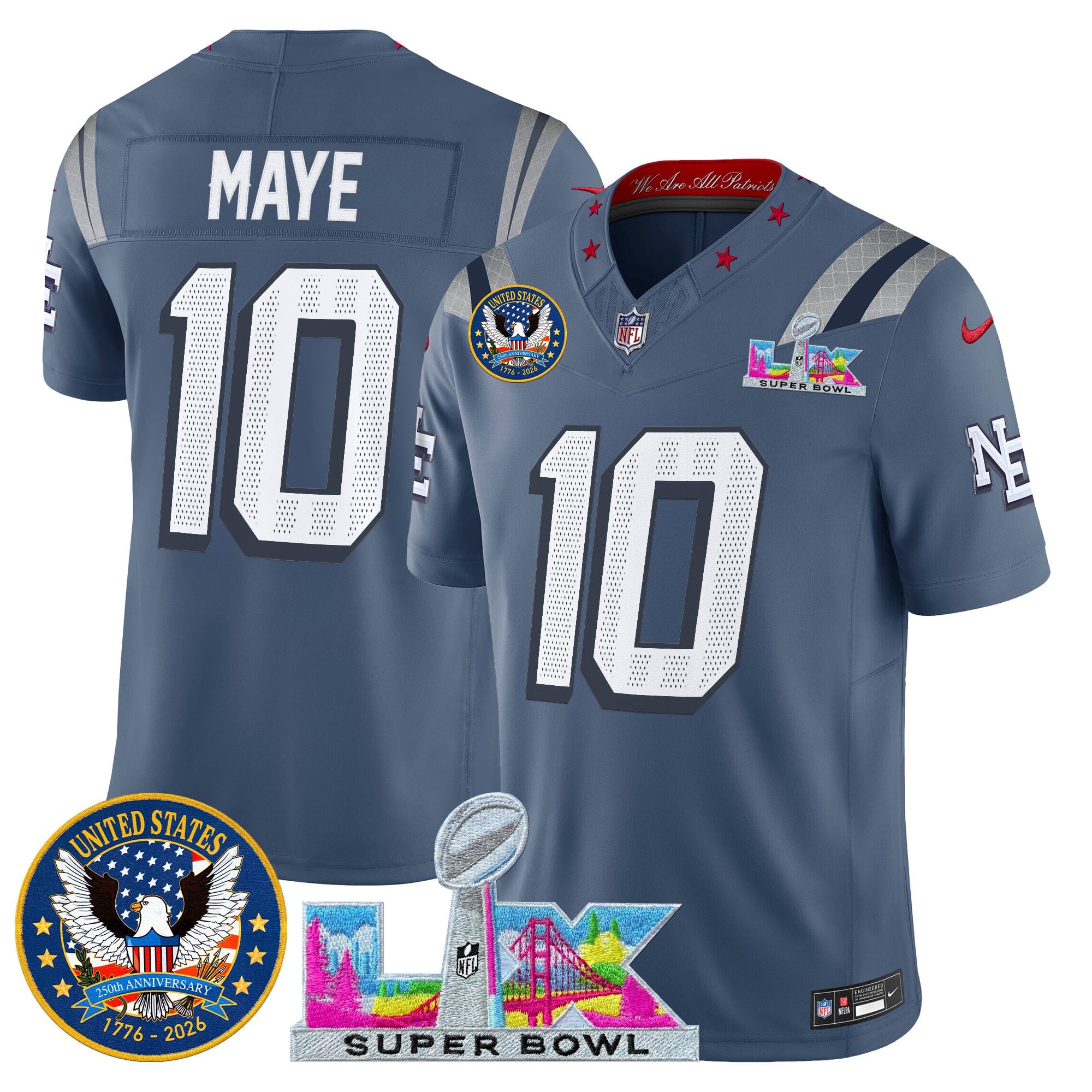 Drake Maye Men's New England Patriots “Super Bowl LX & United States 250th Patch” Vapor Limited Storm Blue Jersey - All Stitched