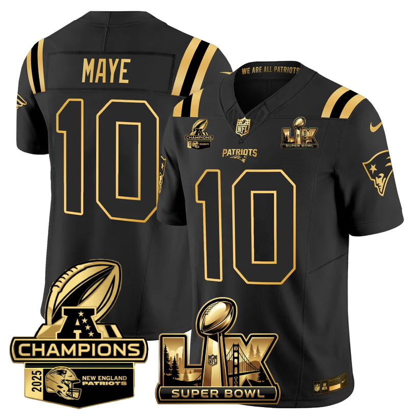 Drake Maye New England Patriots Super Bowl LX - AFC Champions Patch Gold Vapor Limited Black Gold Jersey - All Stitched