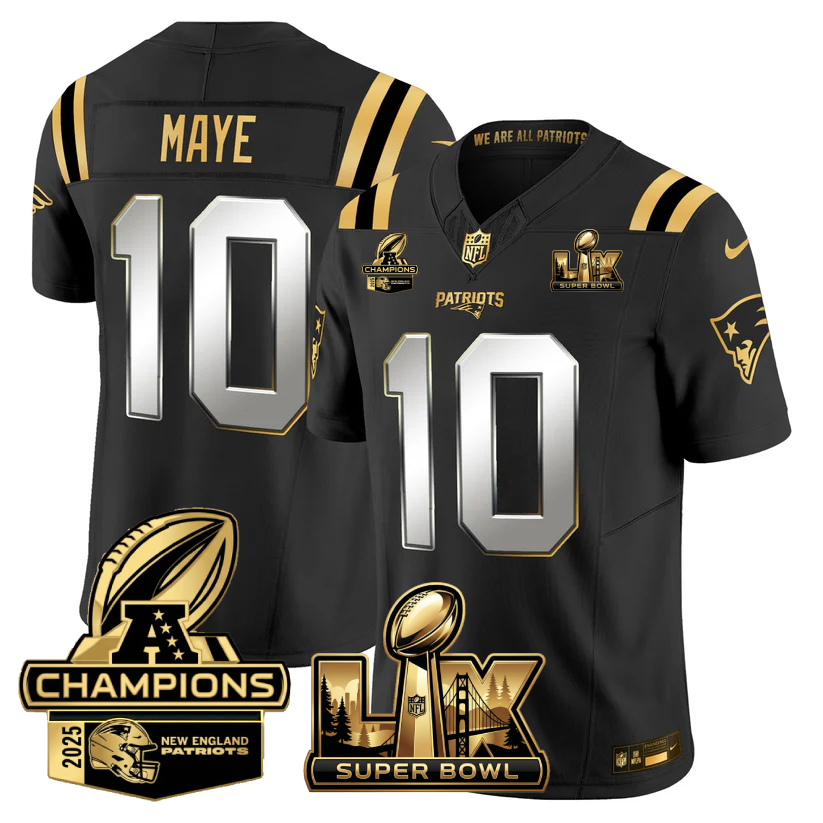 Drake Maye New England Patriots Super Bowl LX - AFC Champions Patch Gold Vapor Limited Black Limited Jersey - All Stitched